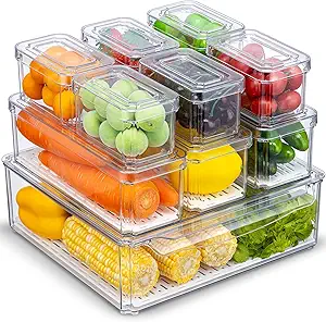 10 Pack Fridge Organizer, Stackable Refrigerator Organizer Bins with Lids, BPA-Free Produce Fruit Storage Containers for Storage Clear for Kitchen, Food, Drinks, Vegetable Storage