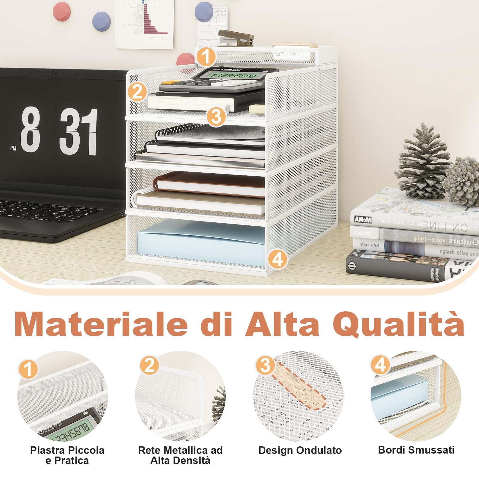 PUNCIA Porta Documenti da Scrivania in Metallo a 4 Livelli Organizer | Documenti Vassoio Porta Documenti Accessori Ufficio Vassoio per Lettere A4 Tavolo per Ufficio Domestico e Scola (Bianco)