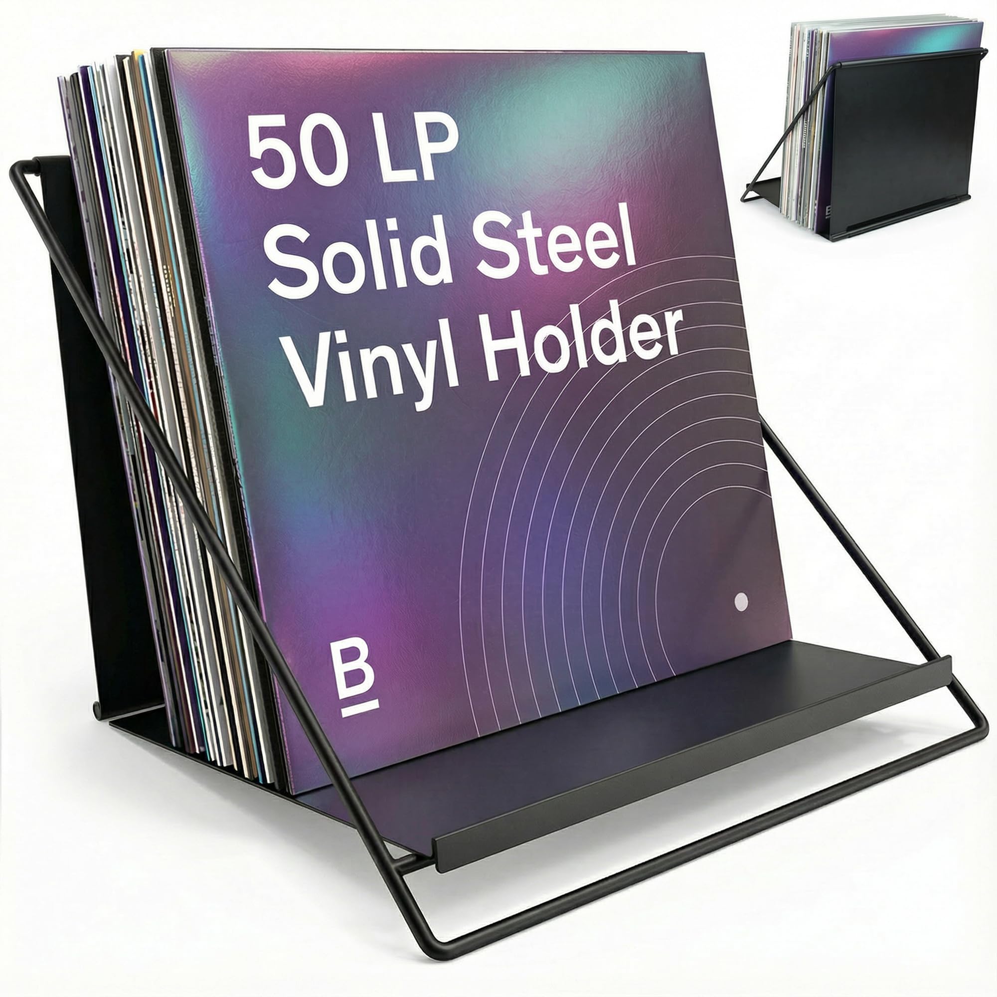 Boundless Audio Supporto per dischi in vinile, in acciaio massiccio, per 50 LP, organizer minimalista per album con supporto in riproduzione – alternativa sicura alla cassa LP – Design brevettato