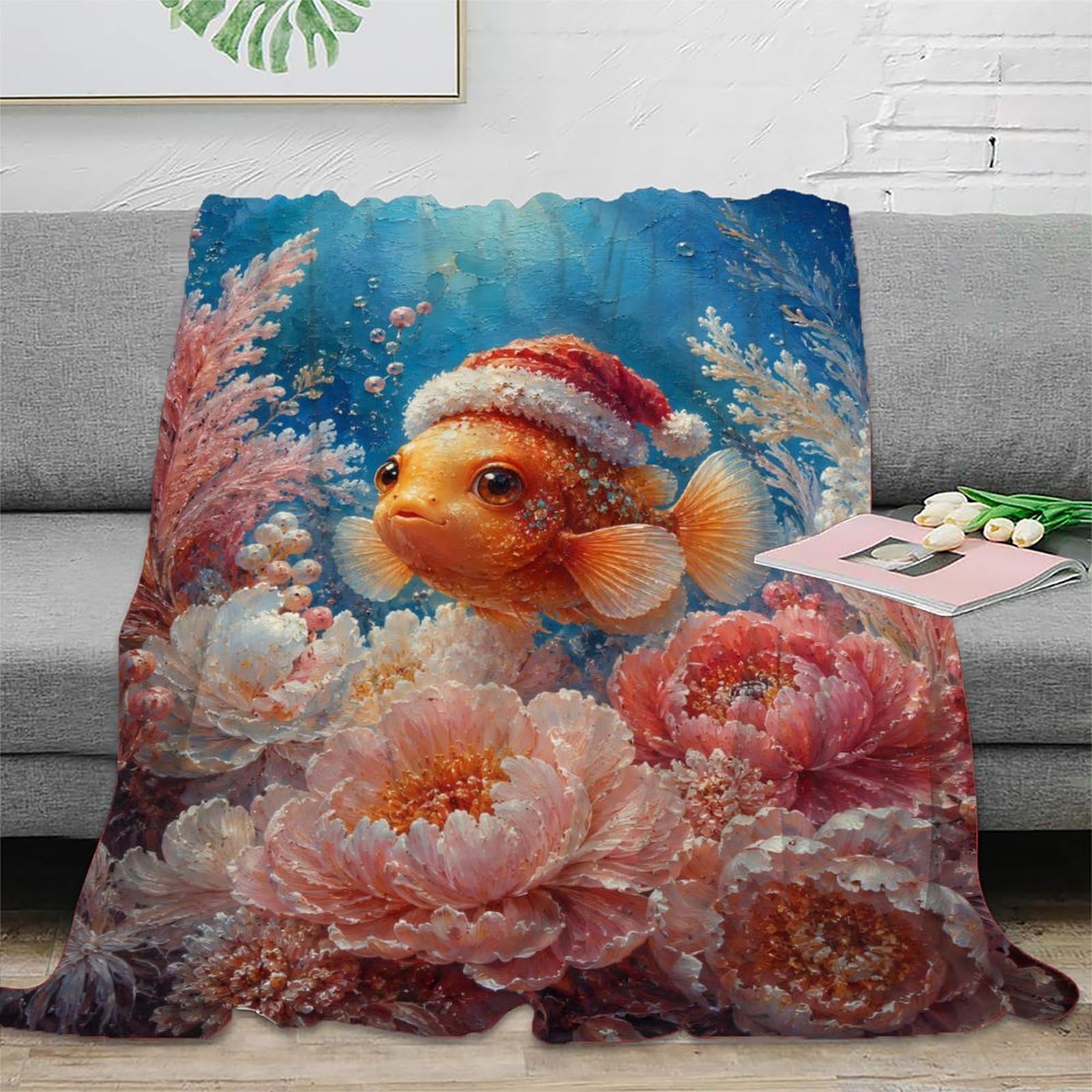 H3B8U2Y5 Clownfish Santa Hat Coral Throw Blanket, Flannel, Bedroom