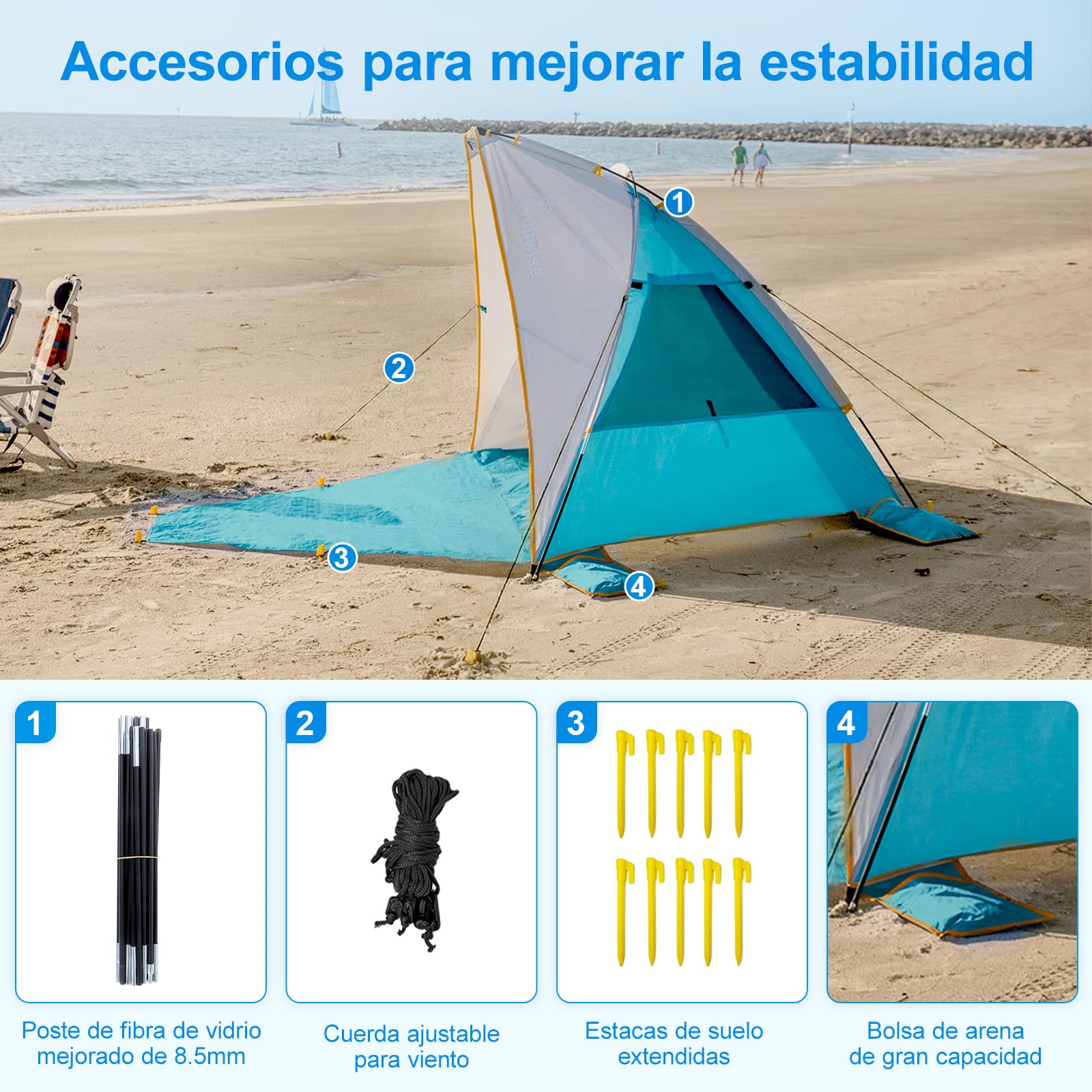 WolfWise Tienda de Playa Portátil para 3 Personas, Sombrilla UPF 50+, con Suelo Extensible