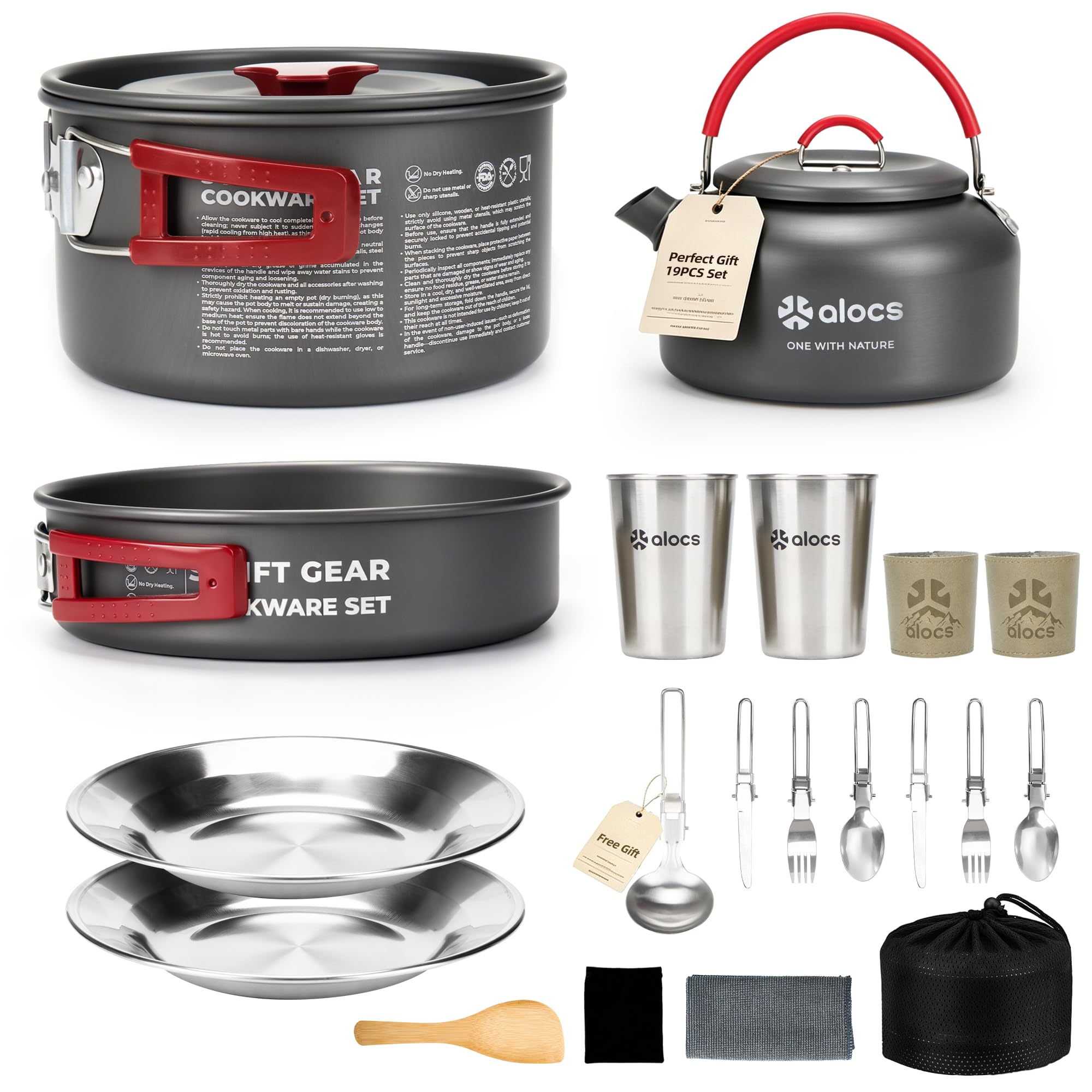 19pcs Camping Cookware Mess Kit, Pots and Pans Set with Kettle