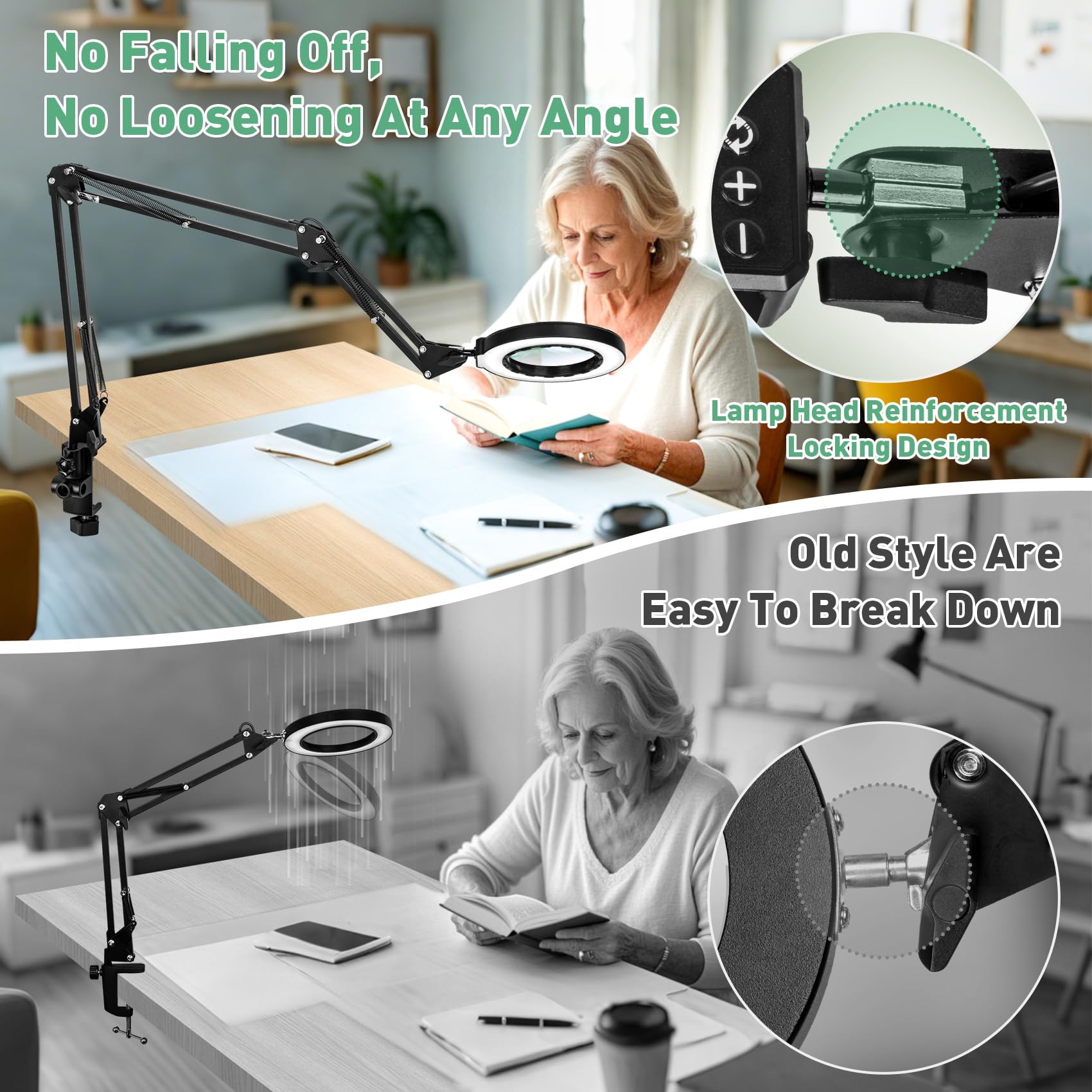 Loupe avec lumière, 5 couleurs et luminosité LED avec grande pince, 3 bras pivotants avec lumière et support pour établi, artisanat, lecture et peinture