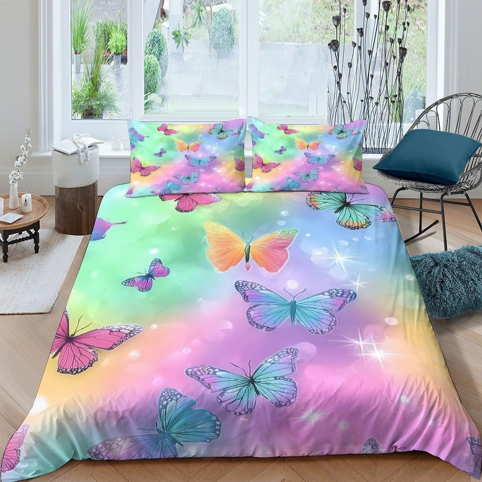 Ctjqhvkz Style-1 3D Printed Rainbow Butterfly Fitted Sheet Microfiber Soft Mattress Cover Pastel Bedroom Decor Anti-Slip Washable For Home Dorm Single（135X200cm）