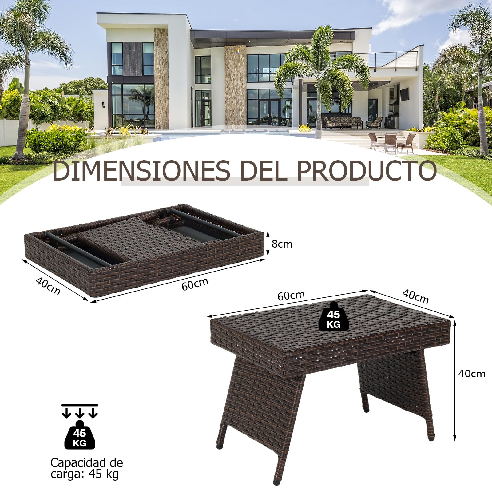 GOPLUS Mesa Baja Jardín Plegable de Ratán, Mesa Auxiliar con Estructura de Acero Resistente y Patas Ajustables, Mesa de Café sin Montaje Ahorra Espacio para Exterior Terraza Piscina, 60 x 40 x 40 cm