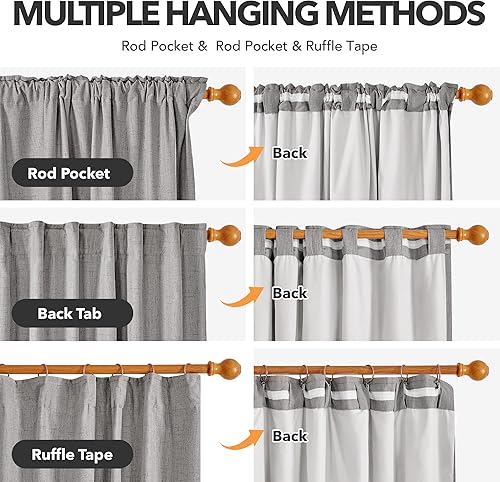 Miniatura 2 de Deconovo Cortinas 100% opacas de mezcla de lino de 52 x 84 pulgadas (2 paneles, gris) - Aislamiento térmico, reducción de ruido - Colgante de 3 vías