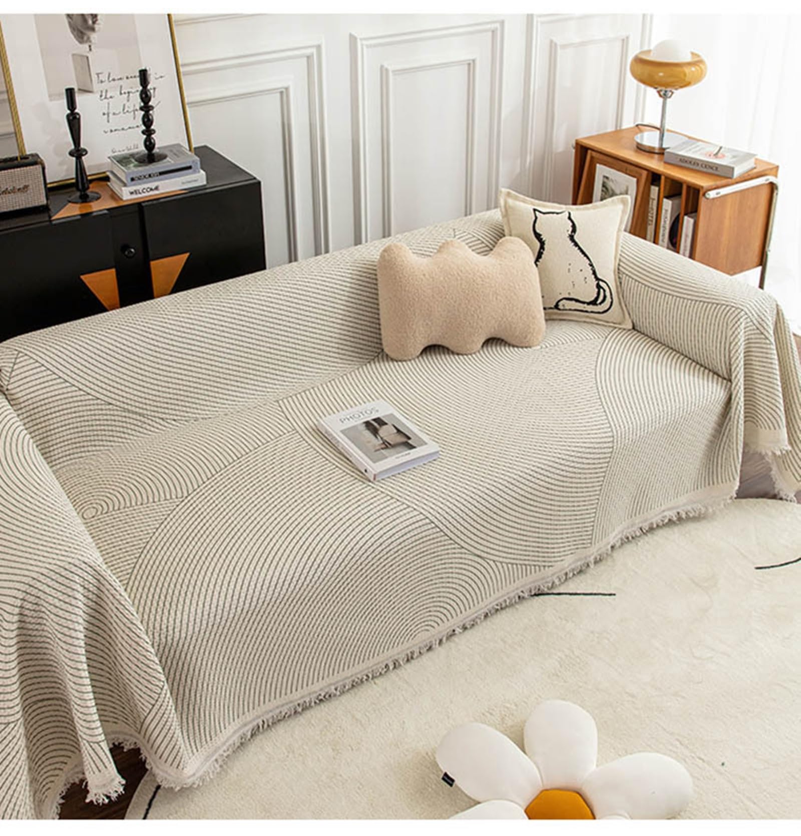 Copridivano Matrimoniale, Coperta per Divano Antipolvere Protettiva per Divano Linee Geometriche con Nappa Beige in Cotone, 180x280cm
