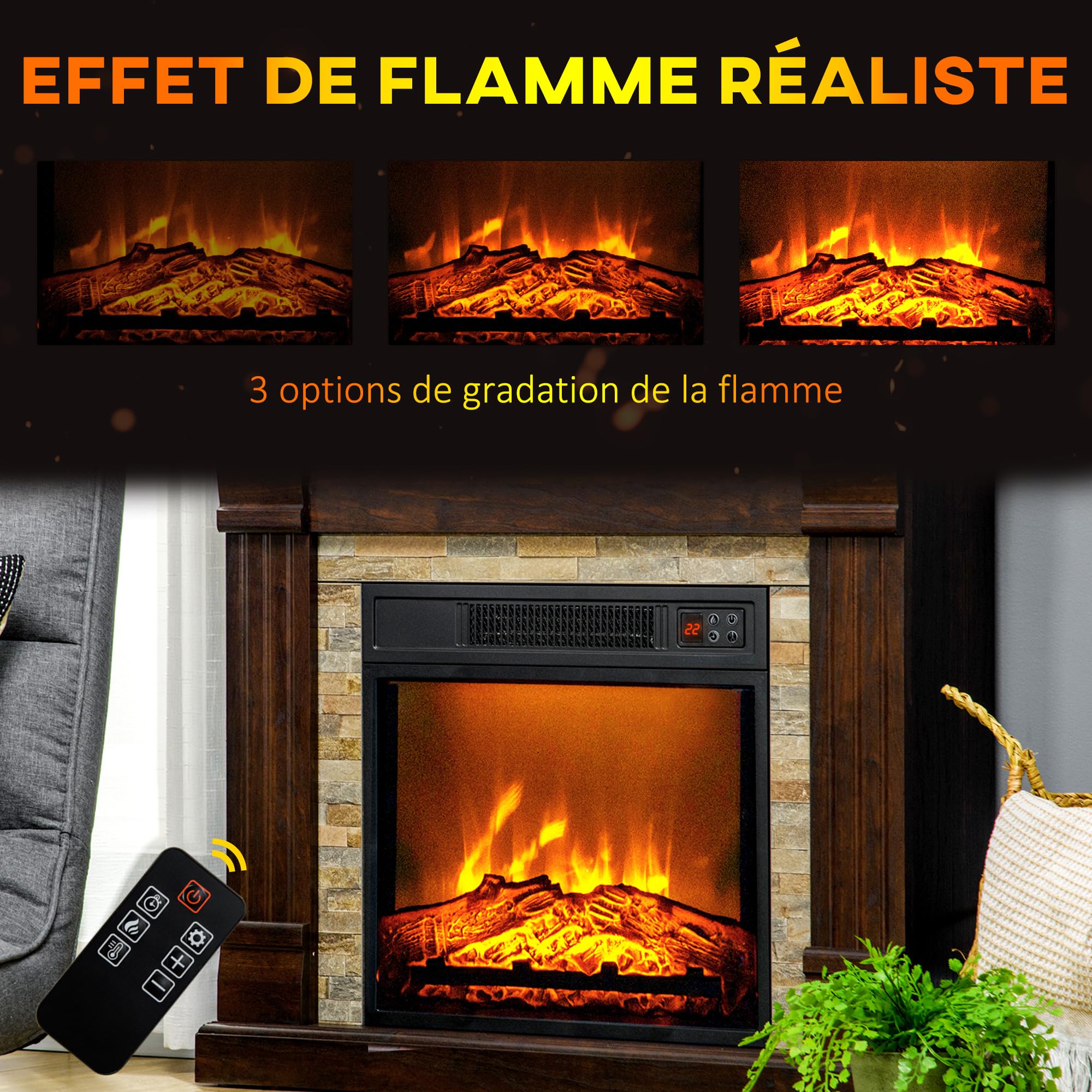 HOMCOM Cheminée Électrique Effet Flamme 1800W 80 x 21,6 x 67,8 cm Marron
