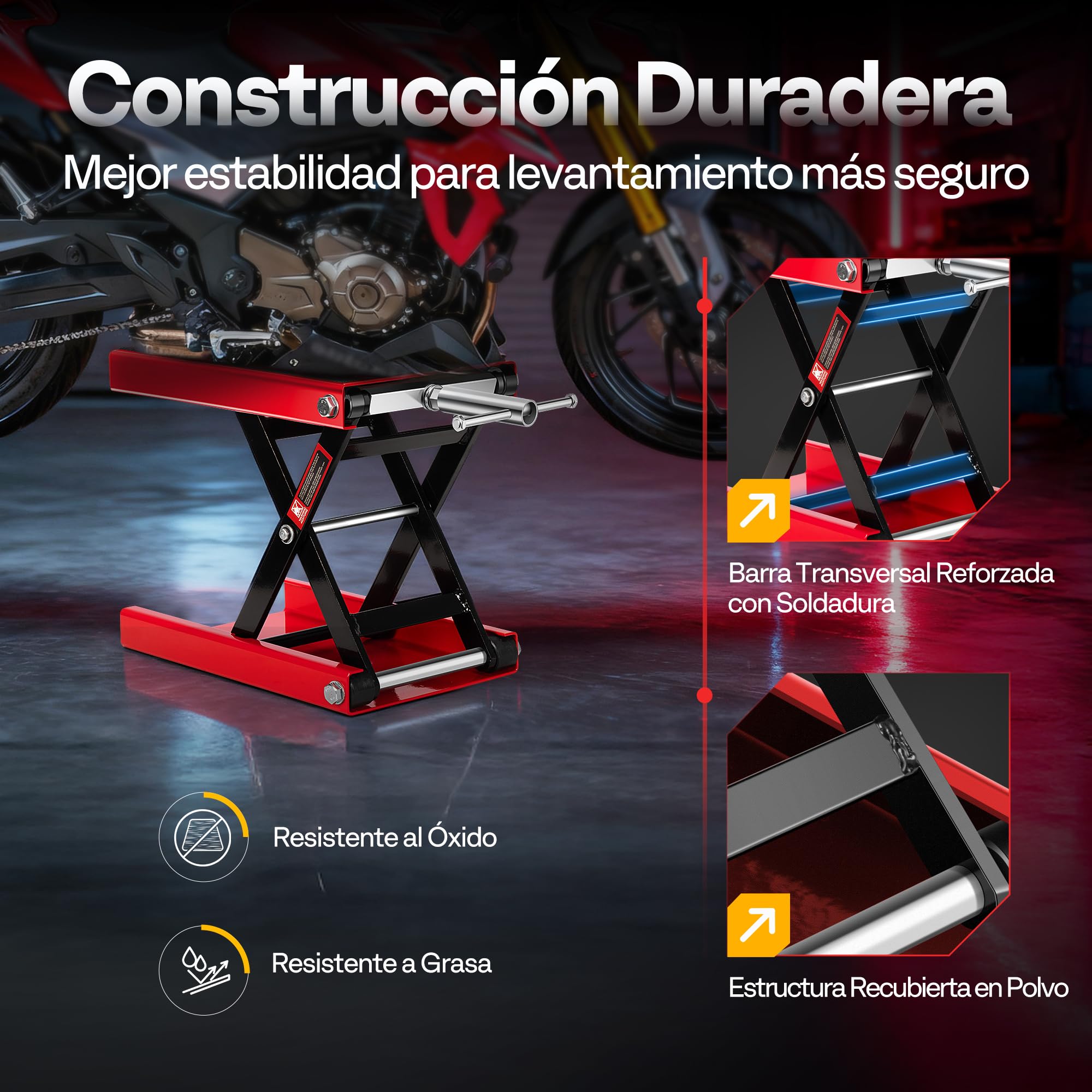VIVOHOME Elevador Moto Plataforma Elevadora Motocicleta Ancha de Acero Altura Ajustable, Soporte Central Capacidad de 500kg para Coche Taller Garaje Vehículos Rojo
