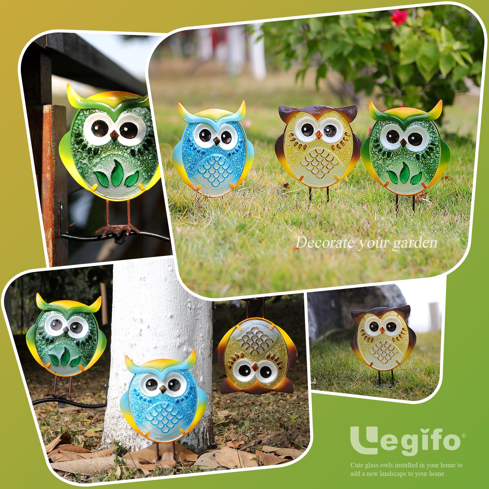 Owl Garden Decor Set of 3 Metal Glass Stand Tree Hugger Fence Outdoor Stake view 6