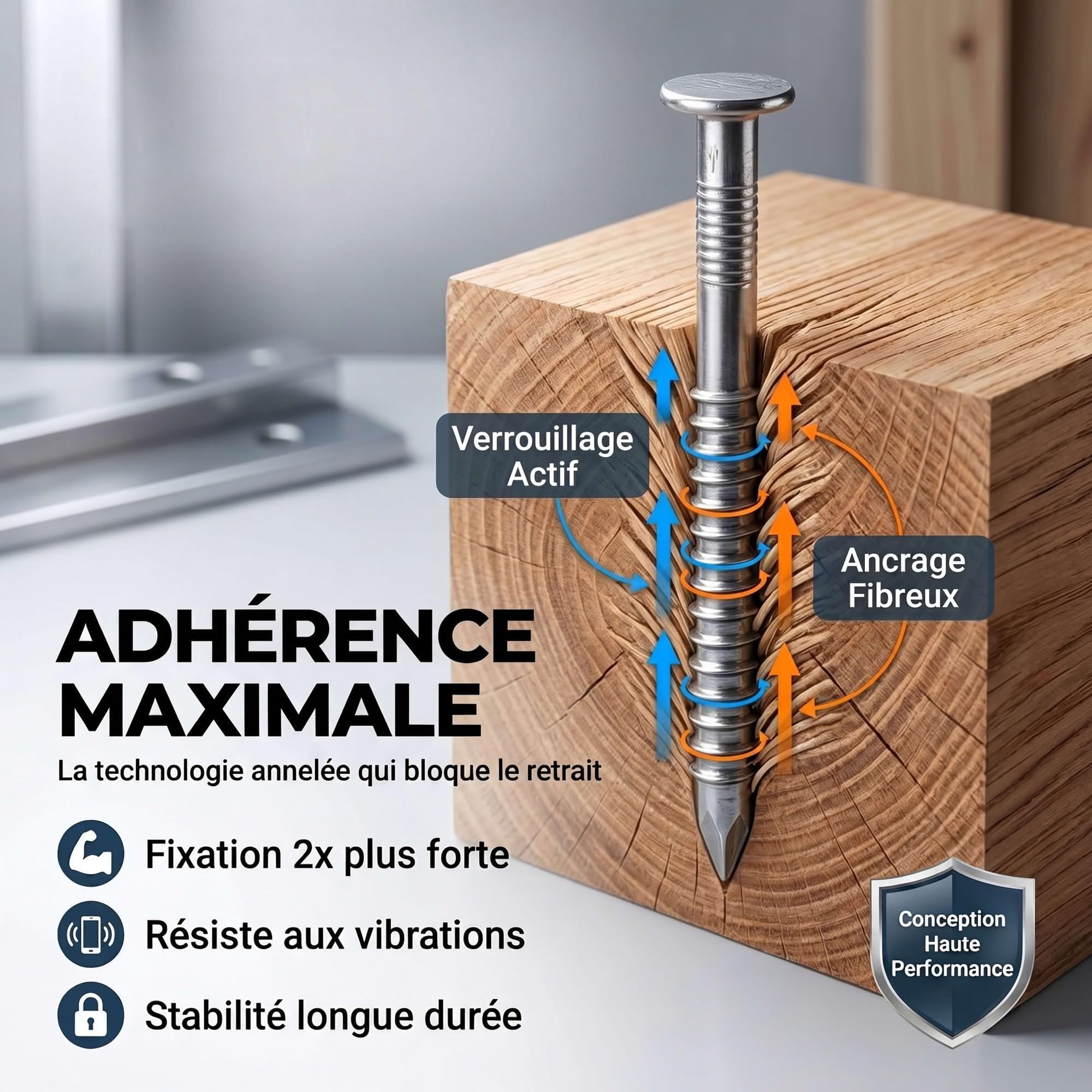 Pointes/clous annelés anti-retrait - Lot de 1kg (environ 350) - inox A4 anti-rouille - Longueur 50 mm - Diamètre 2,5 mm