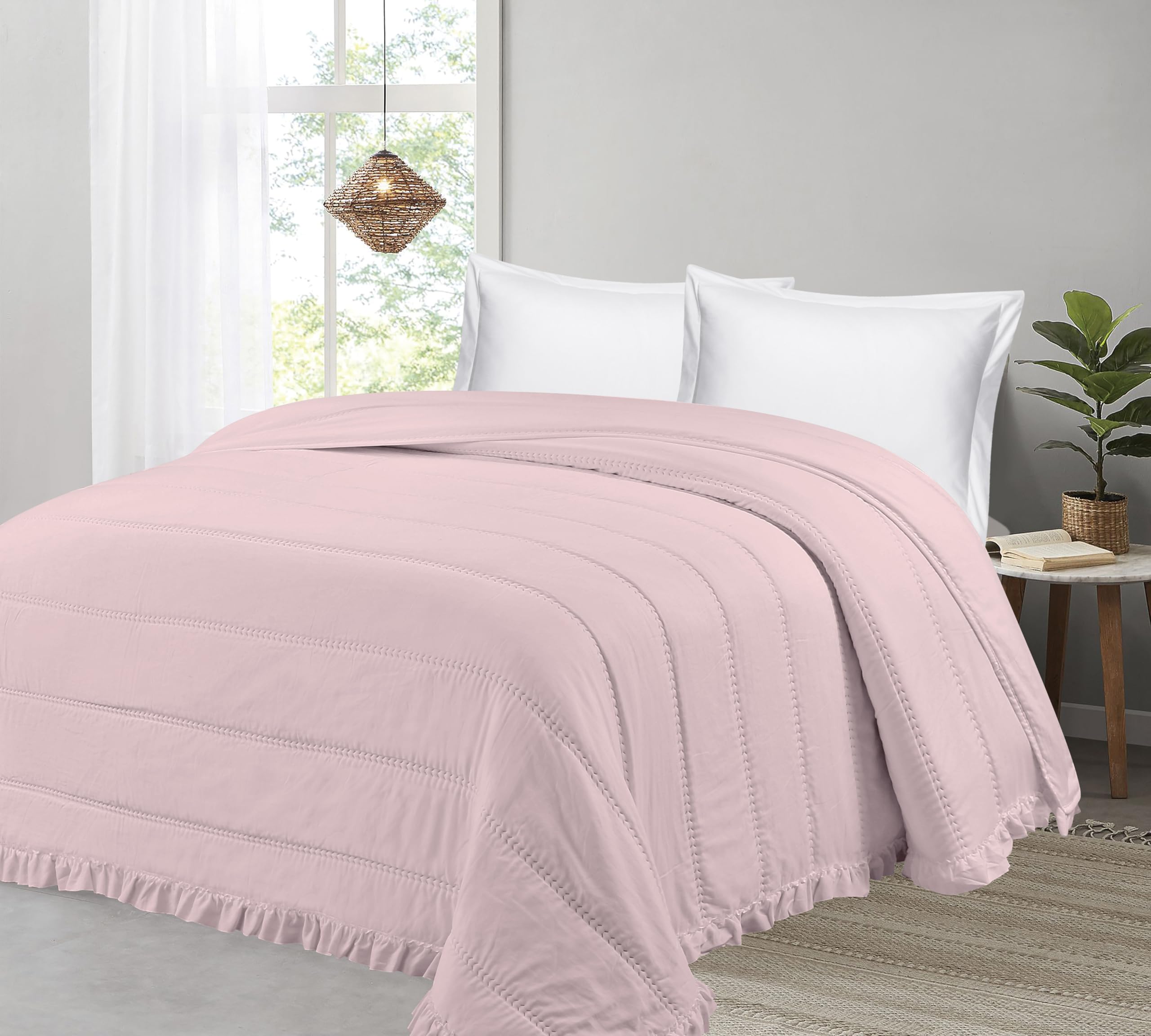 Liniva Home - Colcha Bouti Lavada Termosellada con Volante, SIN Cojines, Ligera para Verano y Entretiempo, 100% Microfibra, Tacto Extra Suave - Modelo Elba (Elba - Rosa, Cama 150cm)
