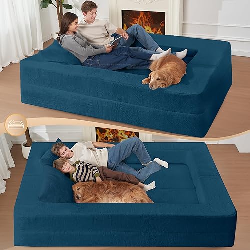 Miniatura 15 de Cama humana gigante para perro, cama 3 en 1 para perro de tamaño humano con funda de piel sintética lavable, cama grande plegable para mascotas con
