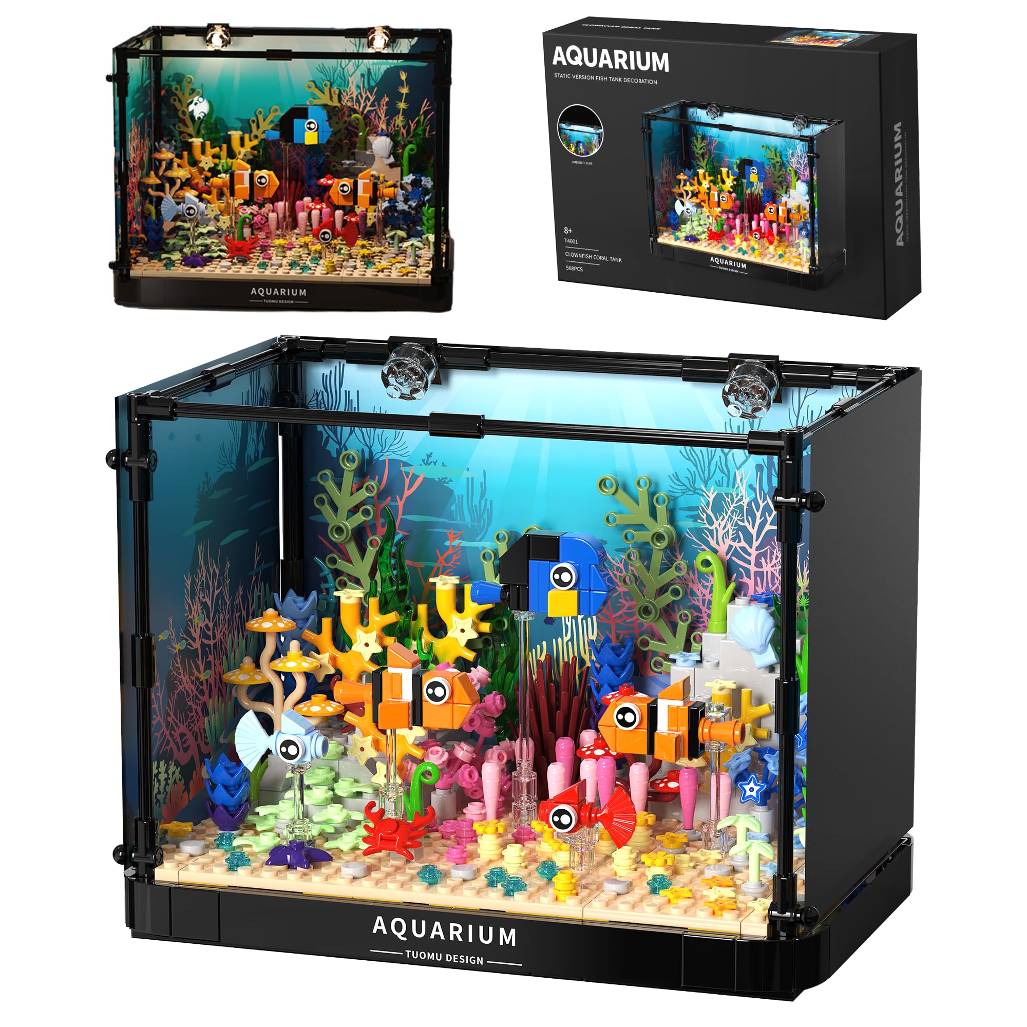 Fish Tank Building Blocks Set with Lighted Aquarium, Ocean Theme Clown Fish, Marine Plants, STEM Toys Creative Birthday Gifts for Kids 8+