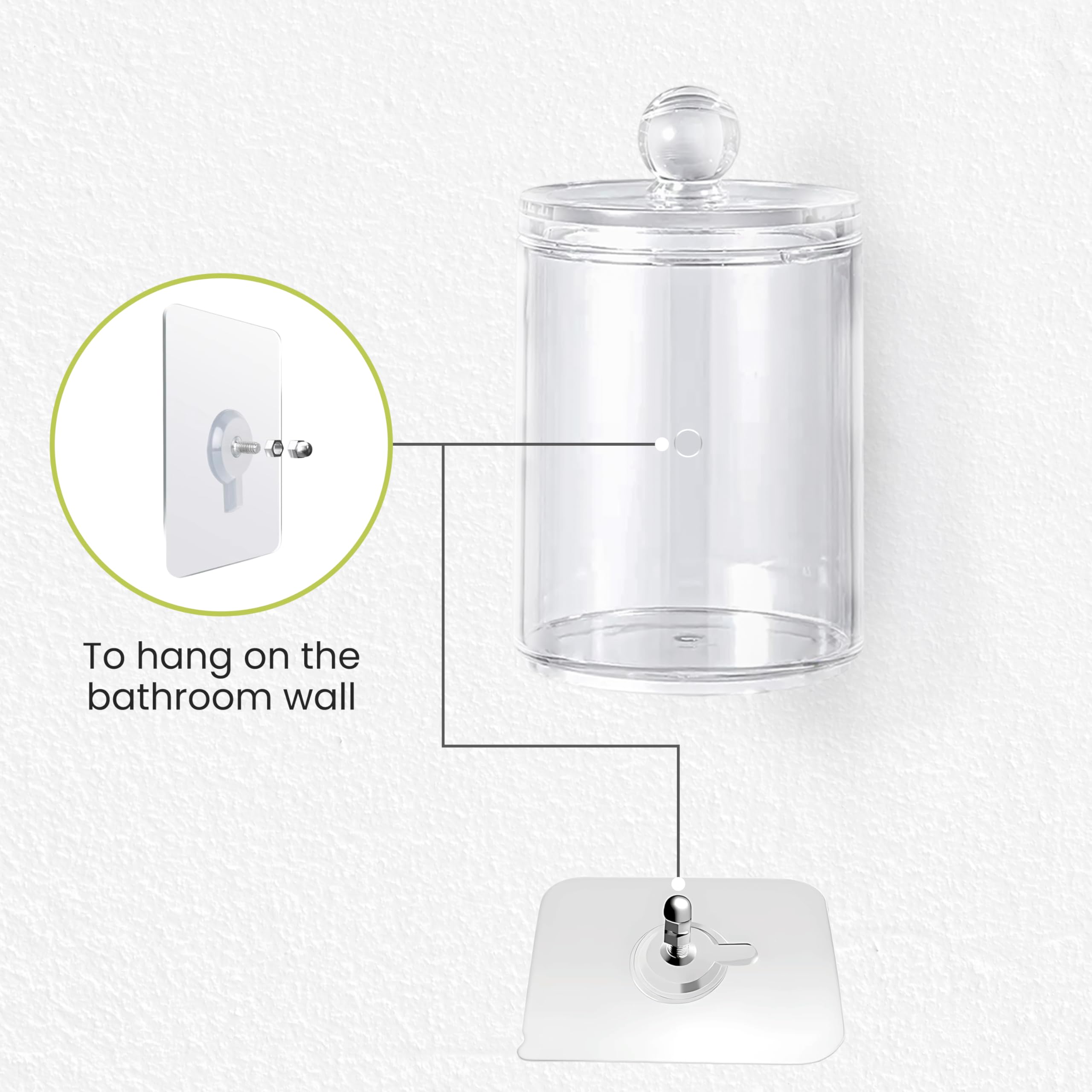 APIROS Wall Mounted Stylish Bathroom Jars with Lids Set- 4 Pack Plastic Apothecary Jars with Lids & Labels- Clear Bathroom Organizer Jars Set- Floss Picks, Pads, Swabs, Cotton Ball and Qtip Holder Set