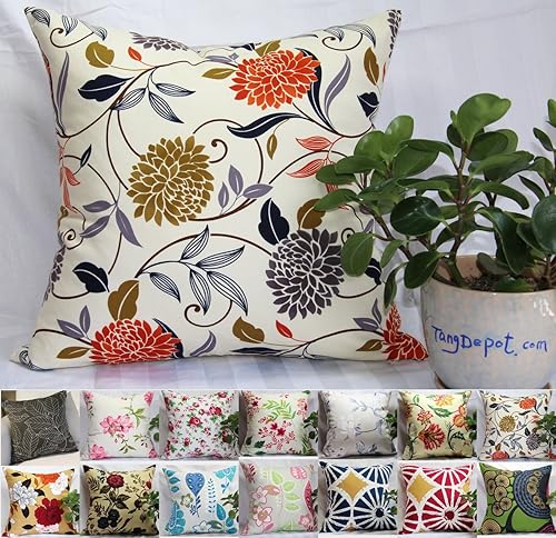 TangDepot - Funda de almohada decorativa de algodón 100% con estampado floral, hecha a mano - (30 cm x 30 cm, S07 Crisantemo)