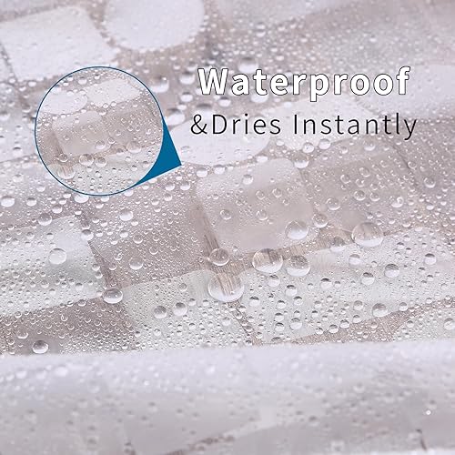 Miniatura 3 de Cortina de ducha blanca impermeable 3D con patrón cuadrado y círculo. 71 x 71 pulgadas con 12 anillos de plástico. 1 unidad, color blanco.