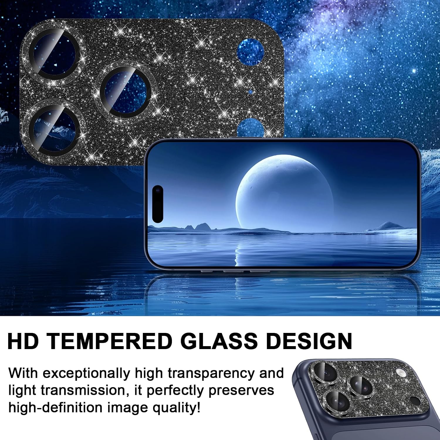 Casetego for iPhone 17 Pro Max Camera Lens Protector,[Upgraded Glitter Design],[Strong Adhesion],Completely Shiny 9H Tempered Glass Lens with Metal Accessories Camera Protection for Women,Shiny Black image 2