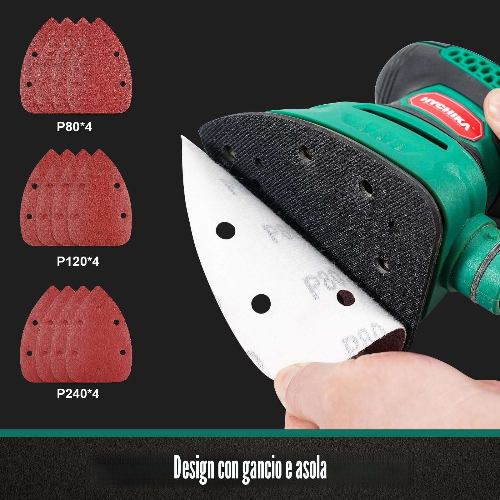 HYCHIKA Levigatrice per Legno 140W, levigatrice 13000 OPM con efficiente raccolta della polvere, con carta vetrata 12PCS, ideale per levigare il legno e rimuovere ruggine e vernice