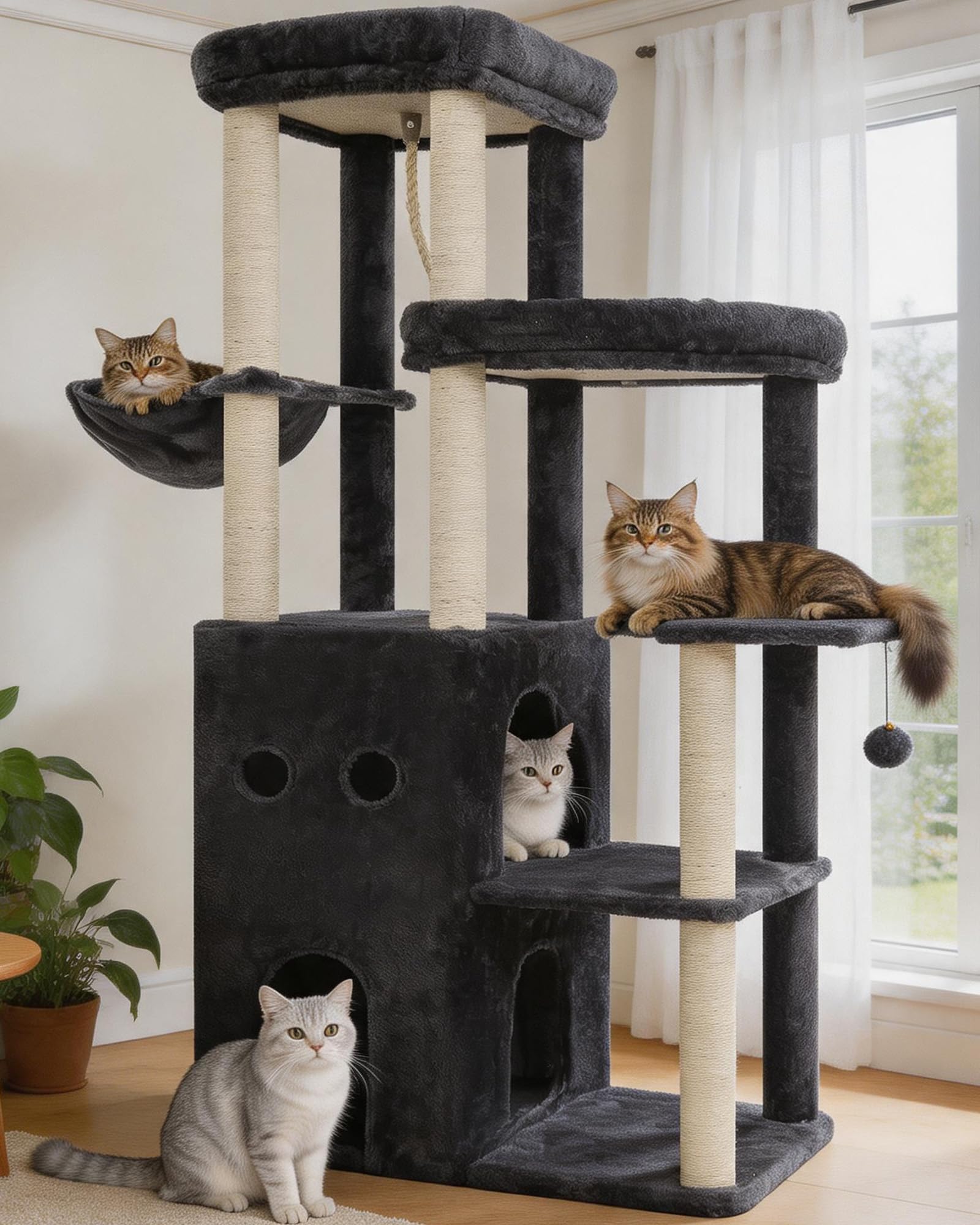 Heybly Cat Tree, 151 cm Secure Anti-Tip Cat Tower for Large Cats HCT055G