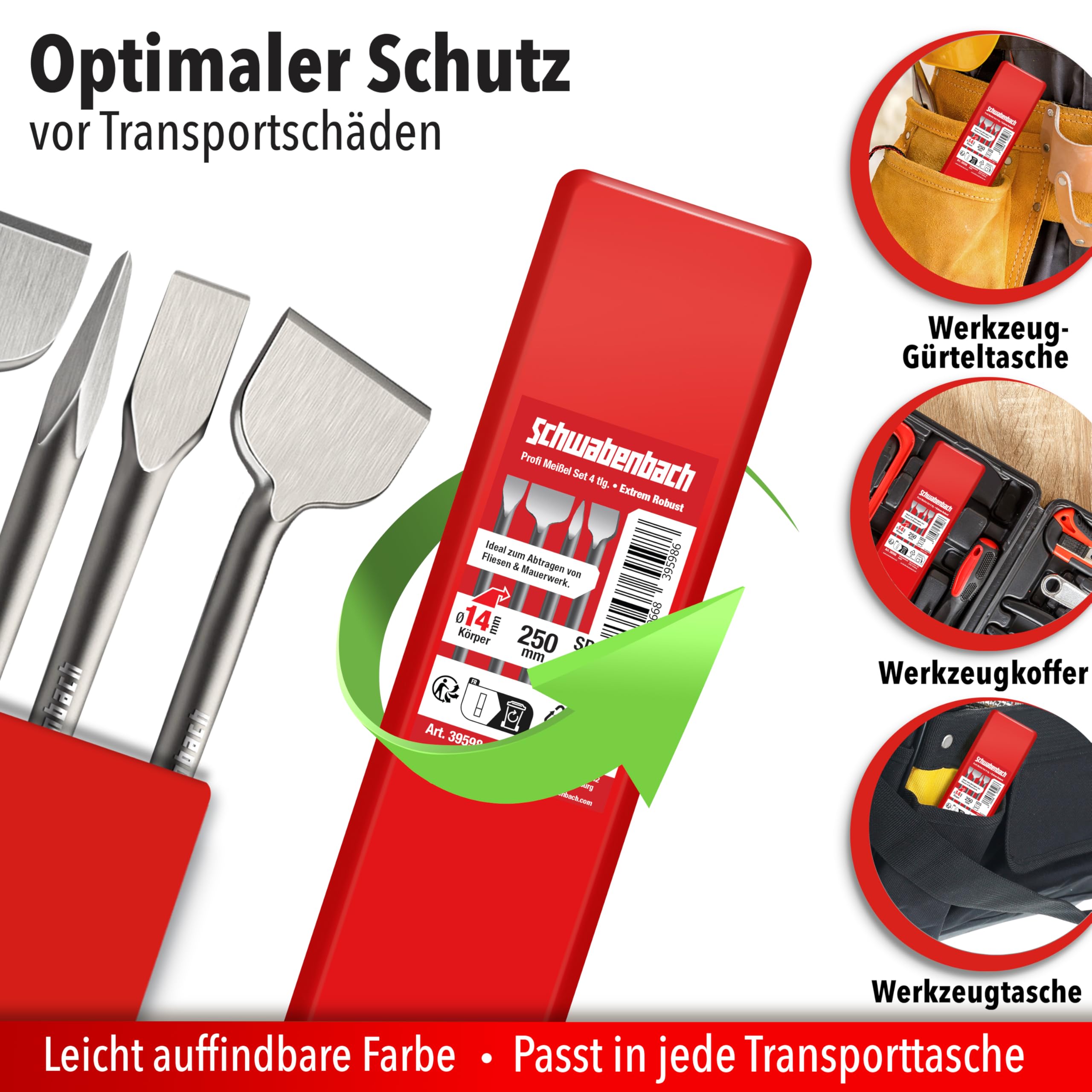 SCHWABENBACH® SDS Plus - Set di 4 scalpelli da 250 mm, scalpello piatto da 50 mm, scalpello piatto da 50 mm + 25 mm + scalpello a punta - Scalpello SDS-Plus universale per martelli perforatori