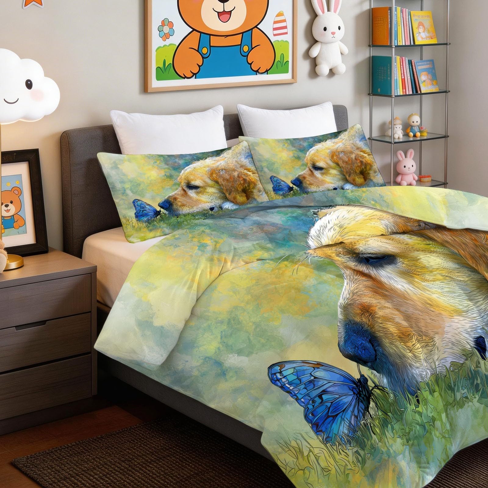 Kołdra 135 x 200 cm, na 4 pory roku, akwarela botaniczna, lekka, miękka, nadaje się do prania, całoroczna, słodka kołdra z motywem psa, motyla, bez poszewki, dla nastolatków, dwustronna kołdra