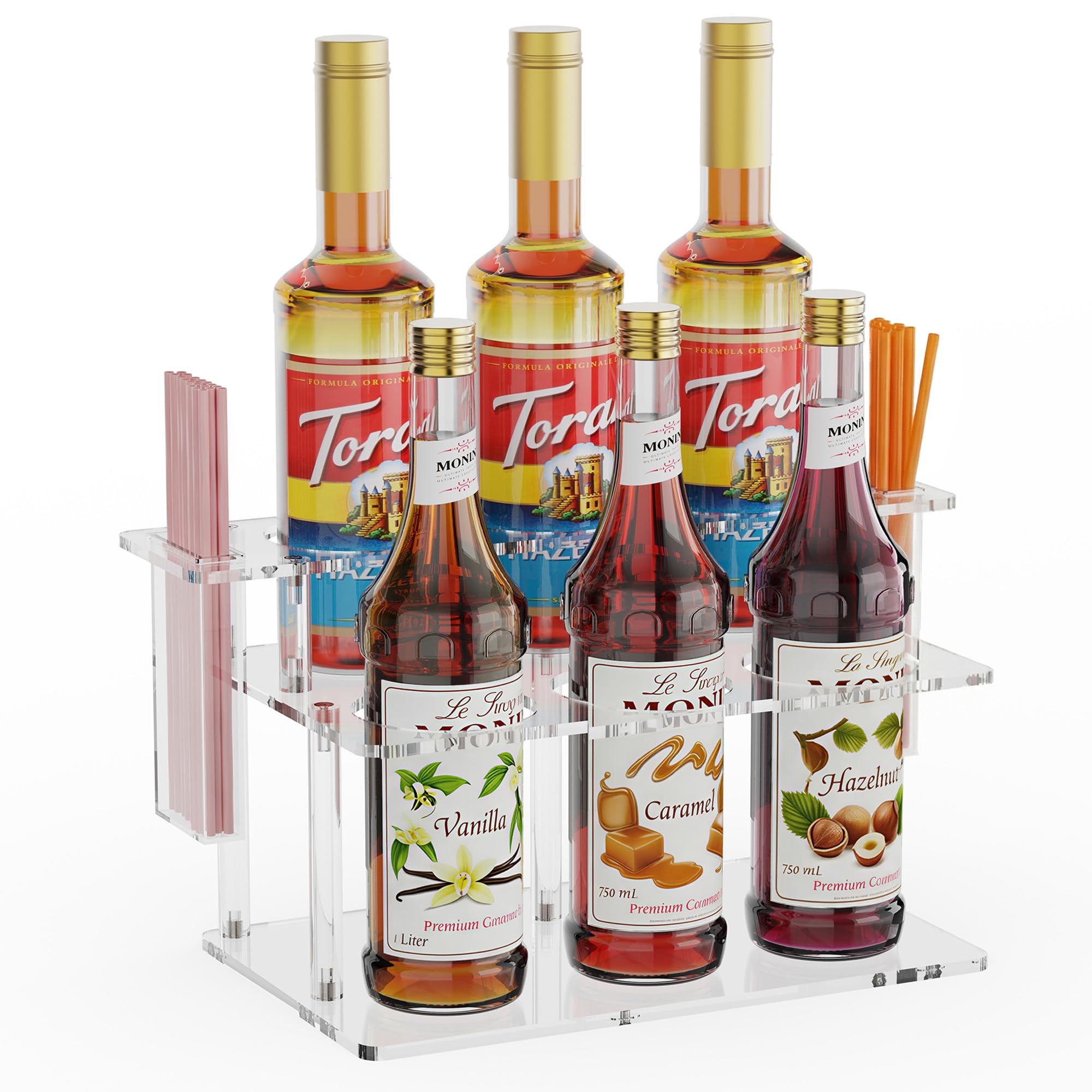 Photo 1 of ***Missing screws*** NANAGIFTREE Coffee Syrup Organizer with Straw Holders, 2-Tier Acrylic Syrup Rack (6 Bottles), Anti-Slip Coffee Bar Storage with Side Straw Boxes for Syrups, Wine, Dressings on Kitchen Countertop