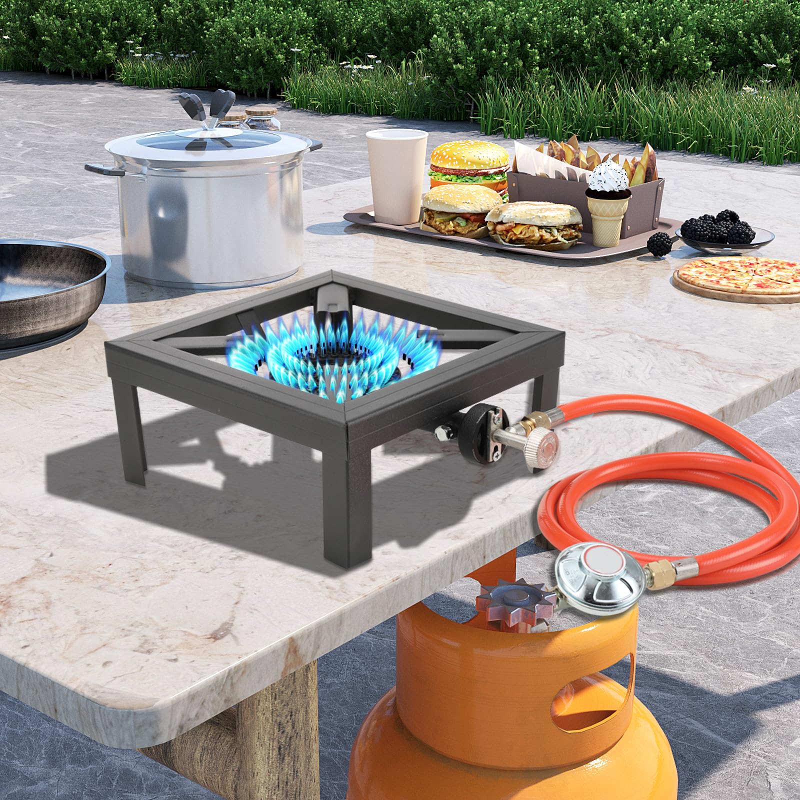 Réchaud à gaz 8 kW - Réchaud industriel avec tuyau de gaz propane de 1,5 m et réducteur de pression de propane de 50 mbar - Pour le camping, l'extérieur, uniquement pour une utilisation en