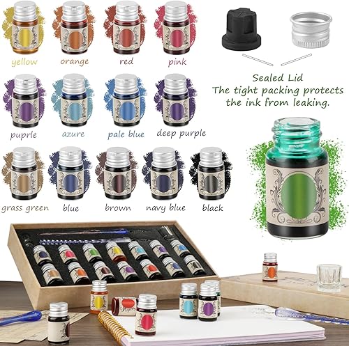 Miniatura 4 de YICMY Bolígrafos de caligrafía de vidrio con 14 tintas de color, kits de caligrafía para principiantes, juego de 18 bolígrafos de vidrio y tinta,