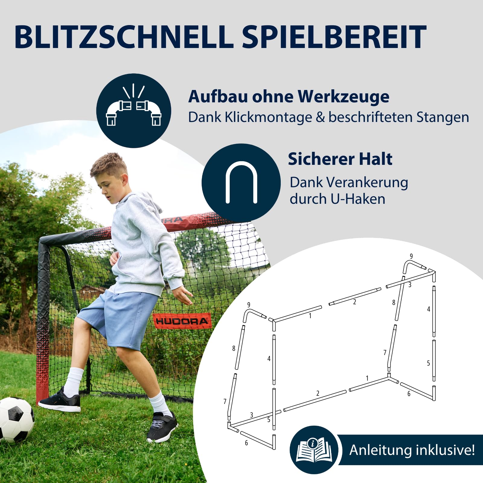 HUDORA Fußballtor Pro Tect Advanced – Outdoor Fußballtor mit Netz und wetterfester Ummantelung für Kinder/Erwachsene – Einfacher Aufbau im Garten – Tor mit Reiß- und Klettverschlüssen