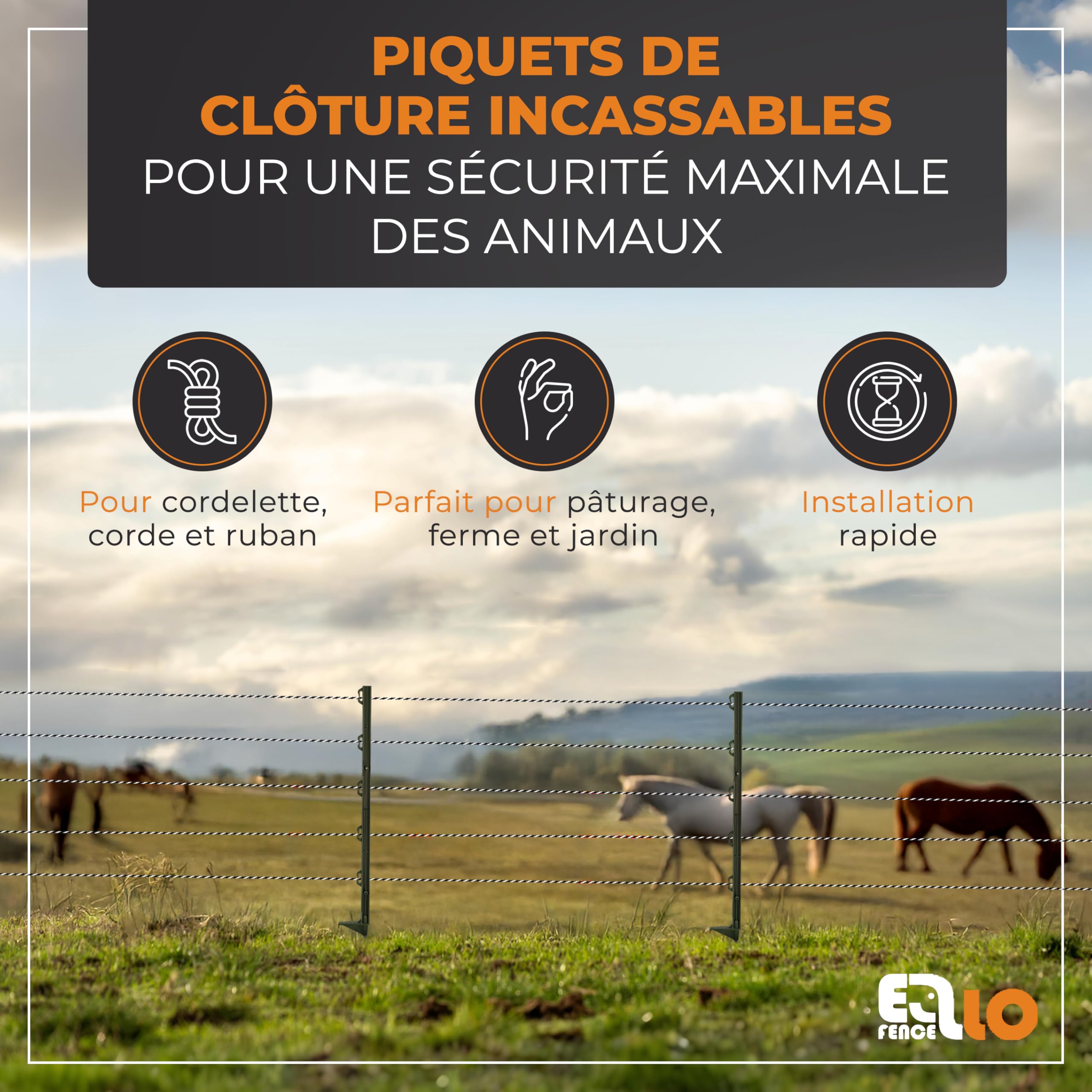 Piquet de clôture électrique avec pointe galvanisée (25x) – Piquet robuste avec repose-pied et 8 œillets pour fil, corde et ruban – Poteau stable pour pâturage