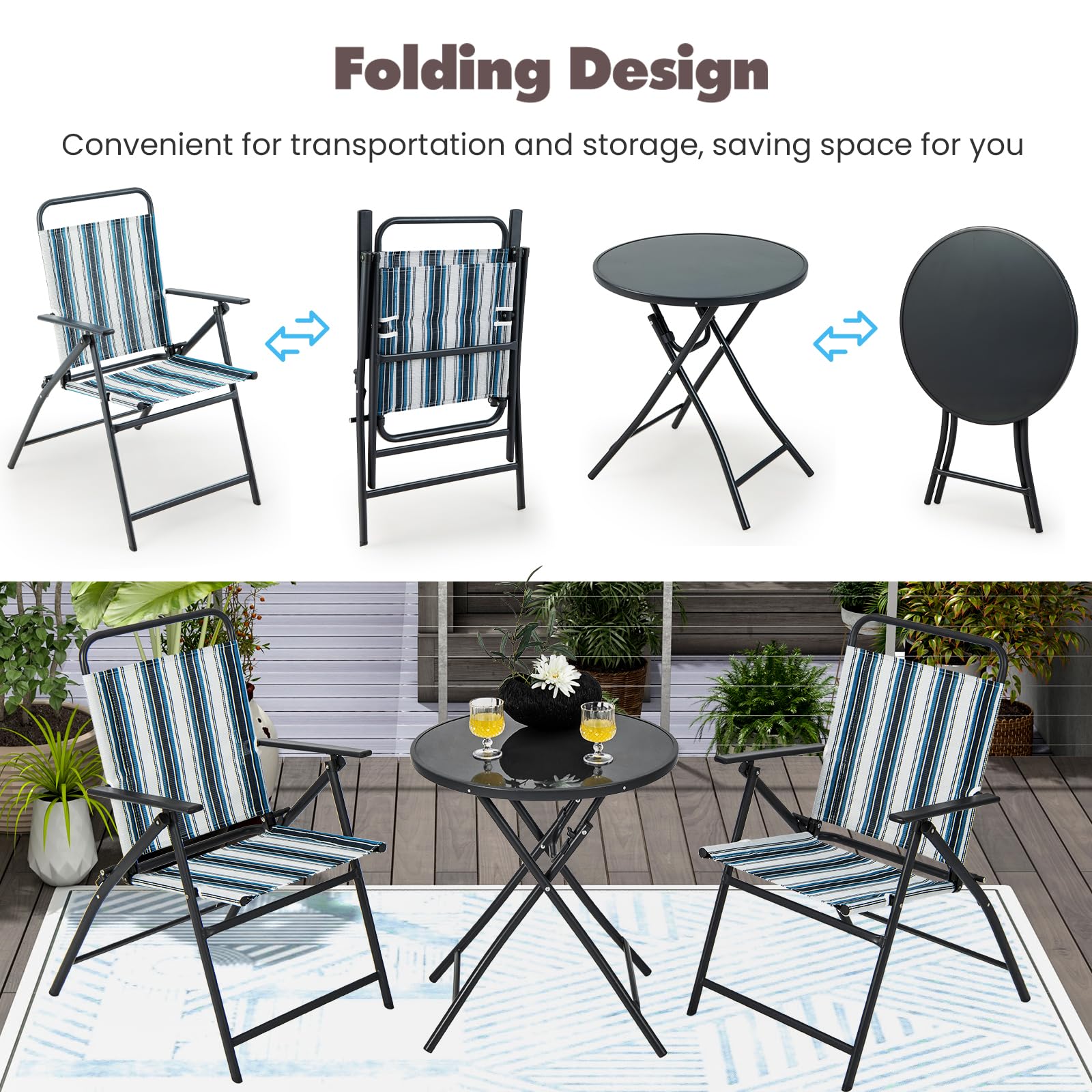KOMFOTTEU Ensemble de Bistro, 2 Fauteuils en Teslin & Table en Verre Pliables, Ensemble de Jardin pour 2 Personnes, Meuble d'Extérieur 3 pièces, pour Balcon, Terrasse, Piscine