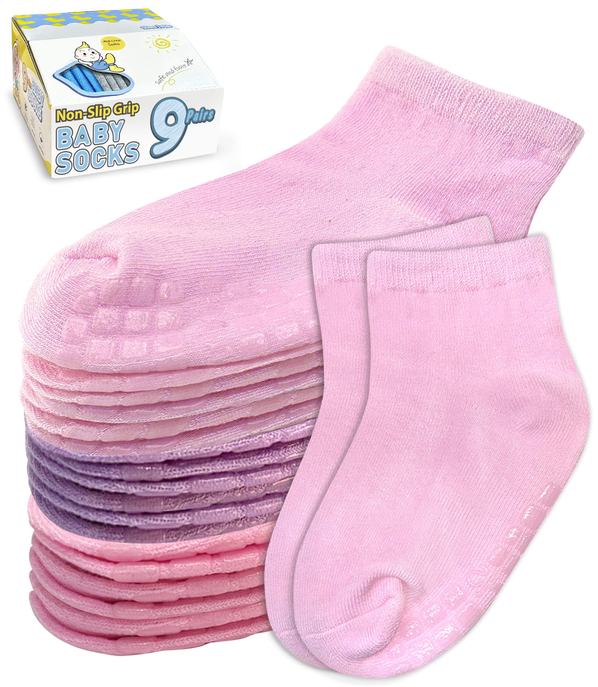 Simply KidsMid-Crew Socks with Grips (9 Pairs) for 6 Months - 7 Years Old Baby Toddler Kids BoyOEKO-TEX STANDARD 100