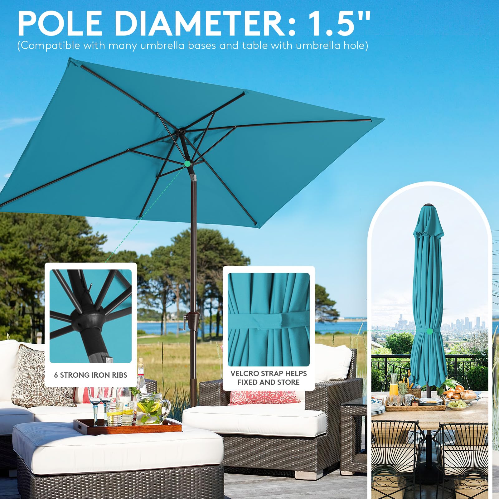 JEAREY 6.5x10ft Olefin Rectangular Patio Umbrella, Lake Blue