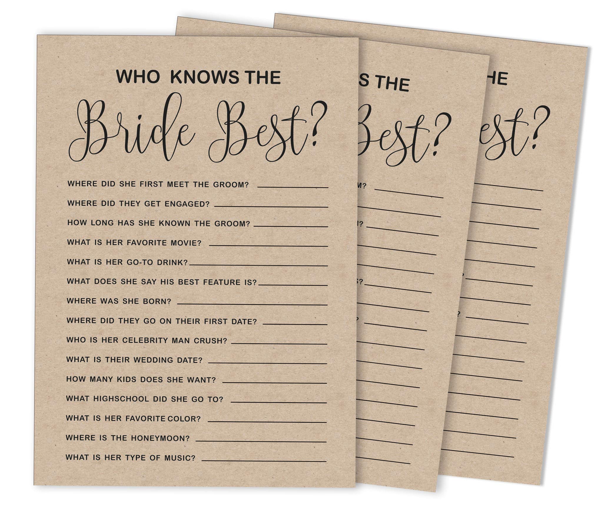 Inkdotpot 50-Pack Kraft Rustic How Well Do You Know The Bride Bridal Shower Bachelorette Party Game Who Know The Bride Best Activity Cards