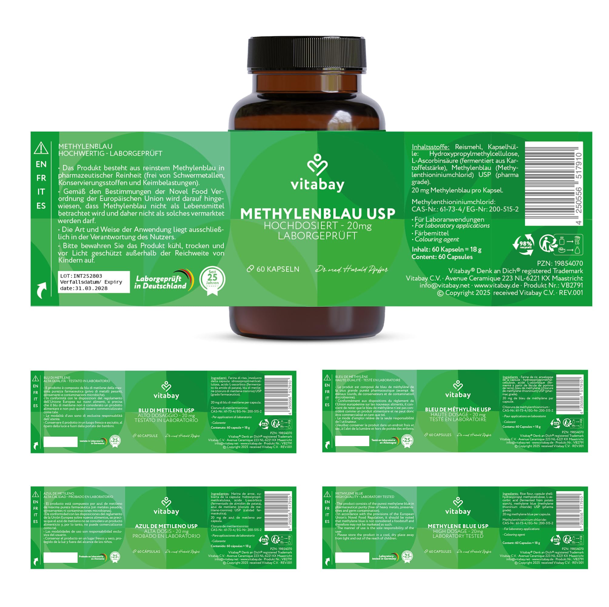 Vitabay Methylenblau Kapseln – 180 Stück – mit 20 mg Methylenblau | pro Kapsel – entwickelt für Forschungs- und Analysezwecke – Laborgeprüft in Deutschland