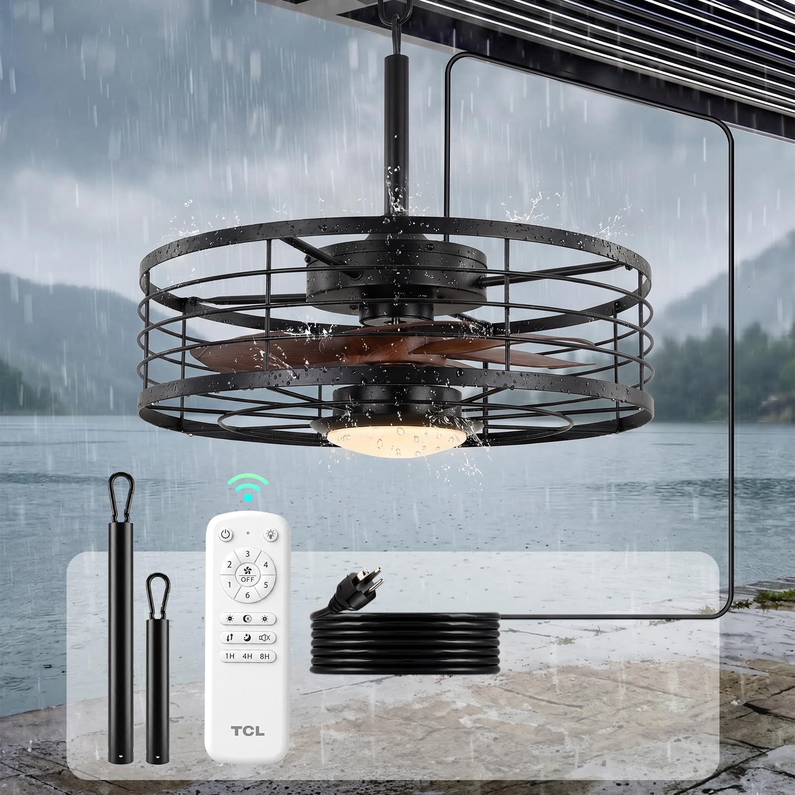 TCL Waterproof Ceiling Fan with Light: 20 Inch Black Metal Cage Design with 7 Blades for Patio, Porch, Gazebo, Remote Control, 6 speeds, Dimmable LED,