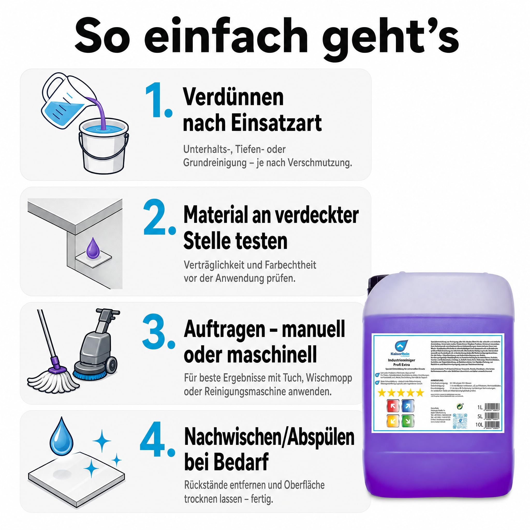 KaiserRein Allzweckreiniger Konzentrat – Industriereiniger Profi Extra,10 L Kanister Universalreiniger für Werkstatt & Haushalt, nicht schäumender Bodenreiniger für Maschinen,