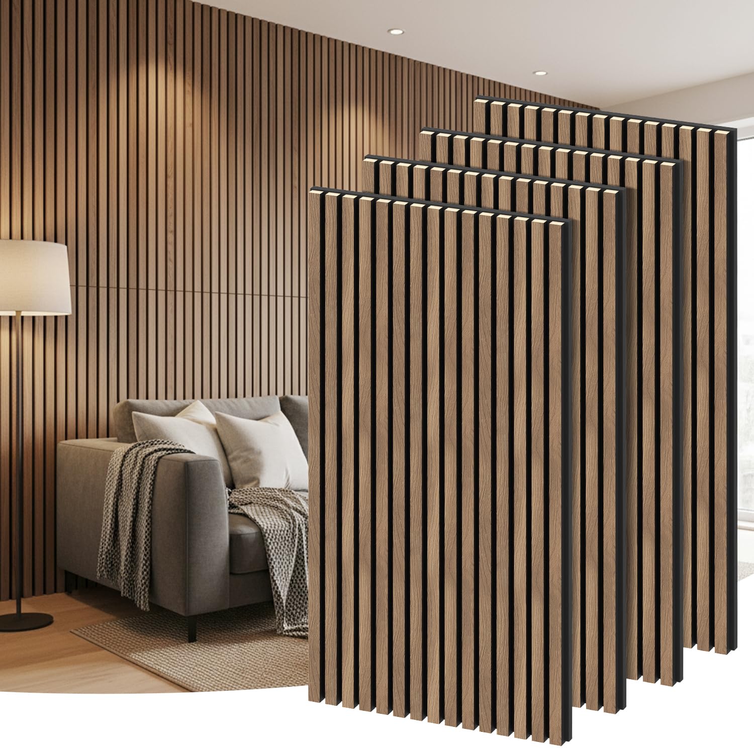 RITOLLO 4 Pack Natural Walnut Wood Slat Panels
