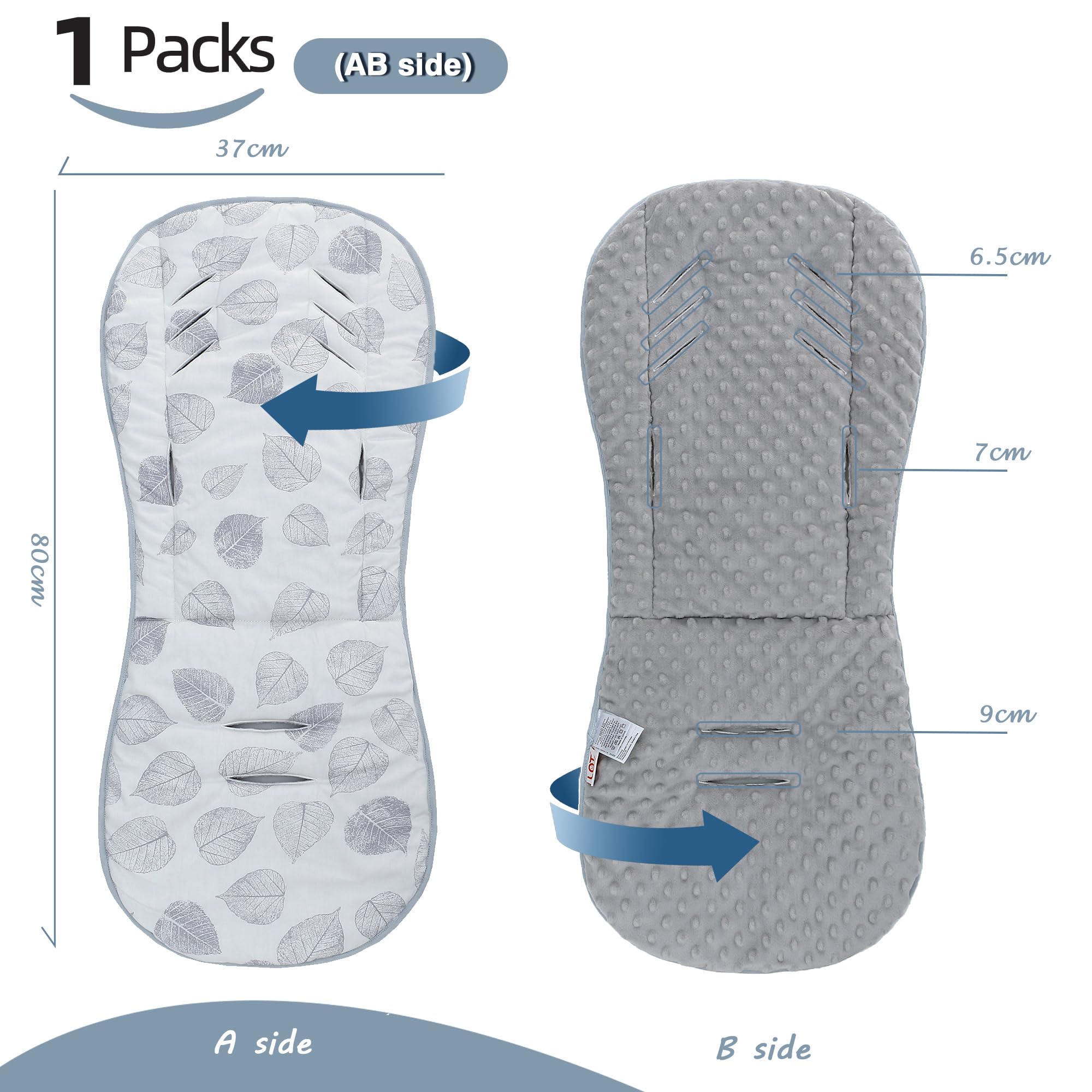Baby Pushchair Seat Liners,Universal Double-Sided Pram Seat Liner,Baby Stroller Liner Pad Seat Cover Seat Cushion for Toddler Infant,Reversible for Pushchairs & Strollers,37x80cm(Gray Leaves) - Image 2