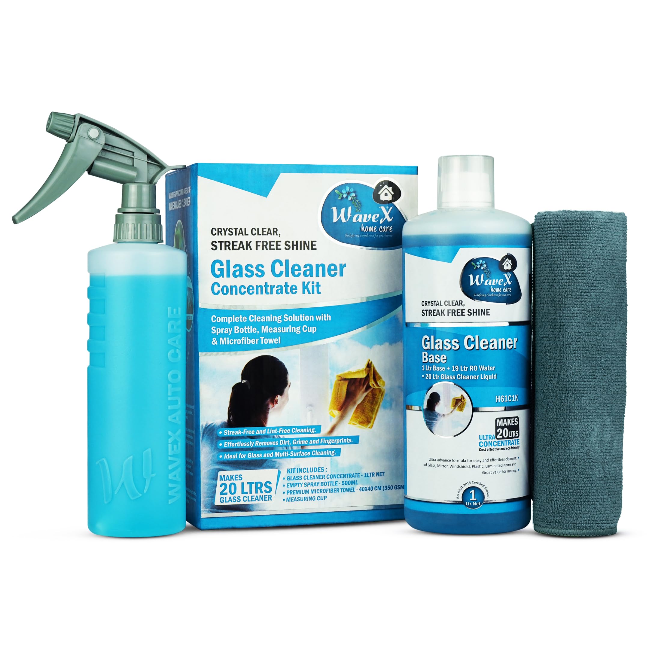 Wavex Glass Cleaner Concentrate (1ltr) Makes 20 Ltrs Glass Cleaner Liquid Includes Microfiber Cloth 350 GSM, Empty Spray Bottle Dispenser and Measuring Cap