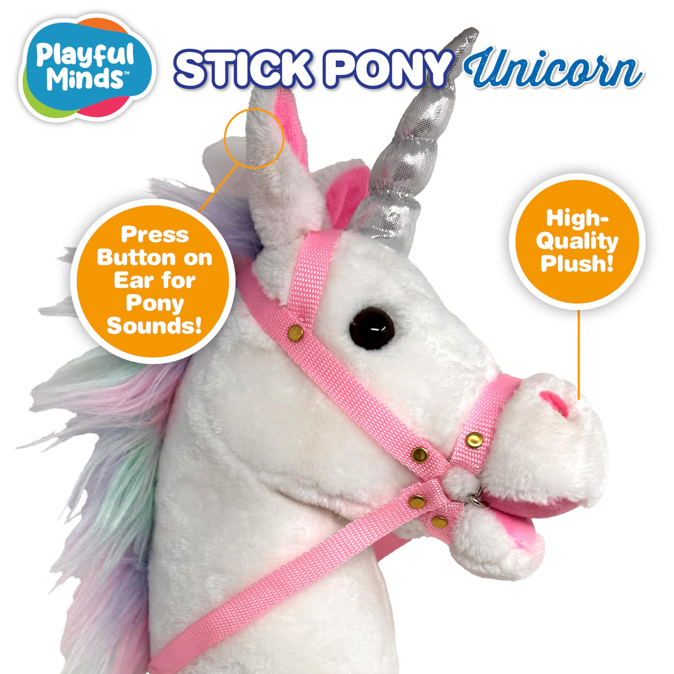 Stick Horse | Palo de caballo de peluche hecho a mano proporciona un divertido juego de simulación para niños pequeños y preescolares | Cosido a mano, madera resistente y efectos de sonido (unicornio) 2