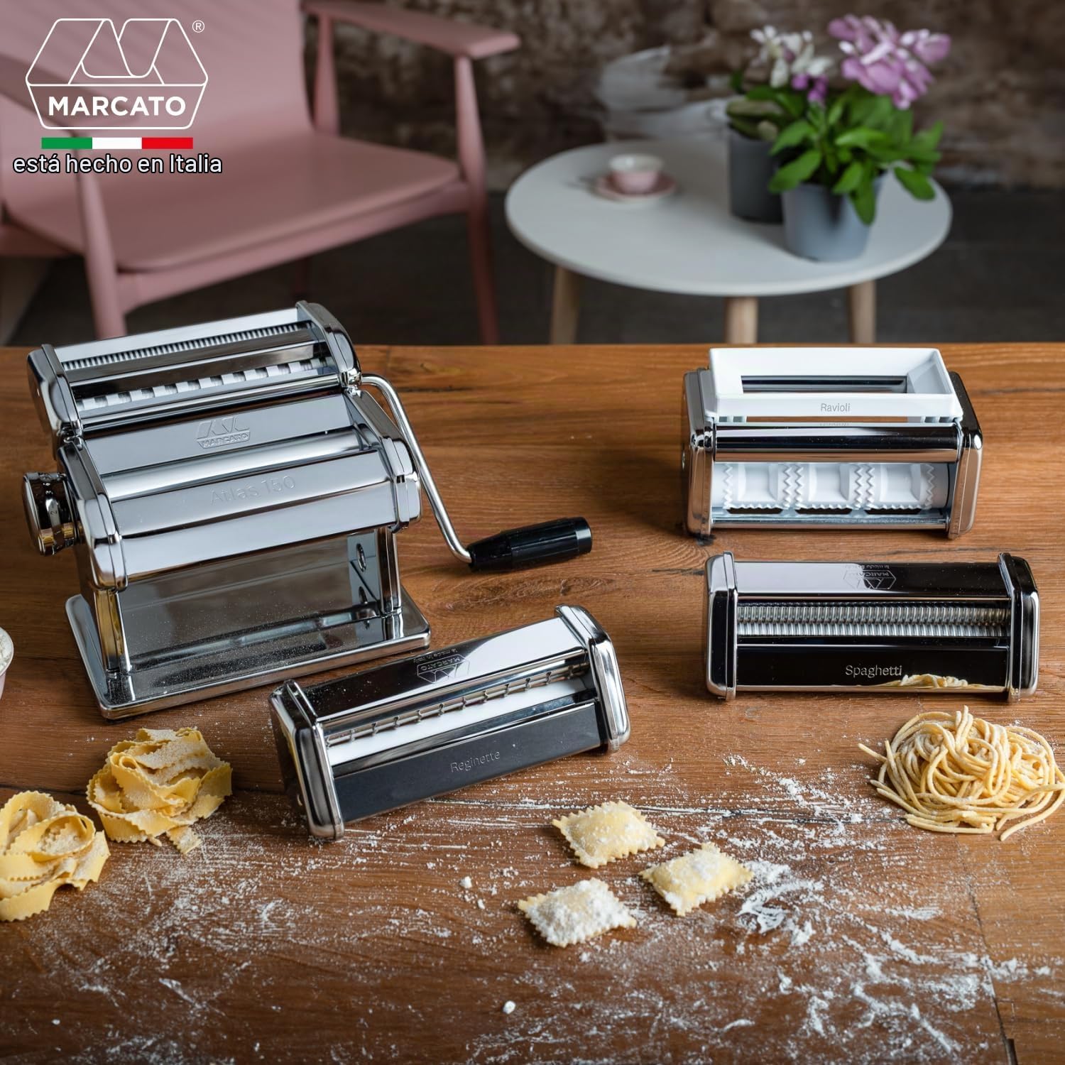 Marcato Multipast, Set de Máquina para Pasta Atlas 150, Acero Cromado, 6 Accesorios Incluidos