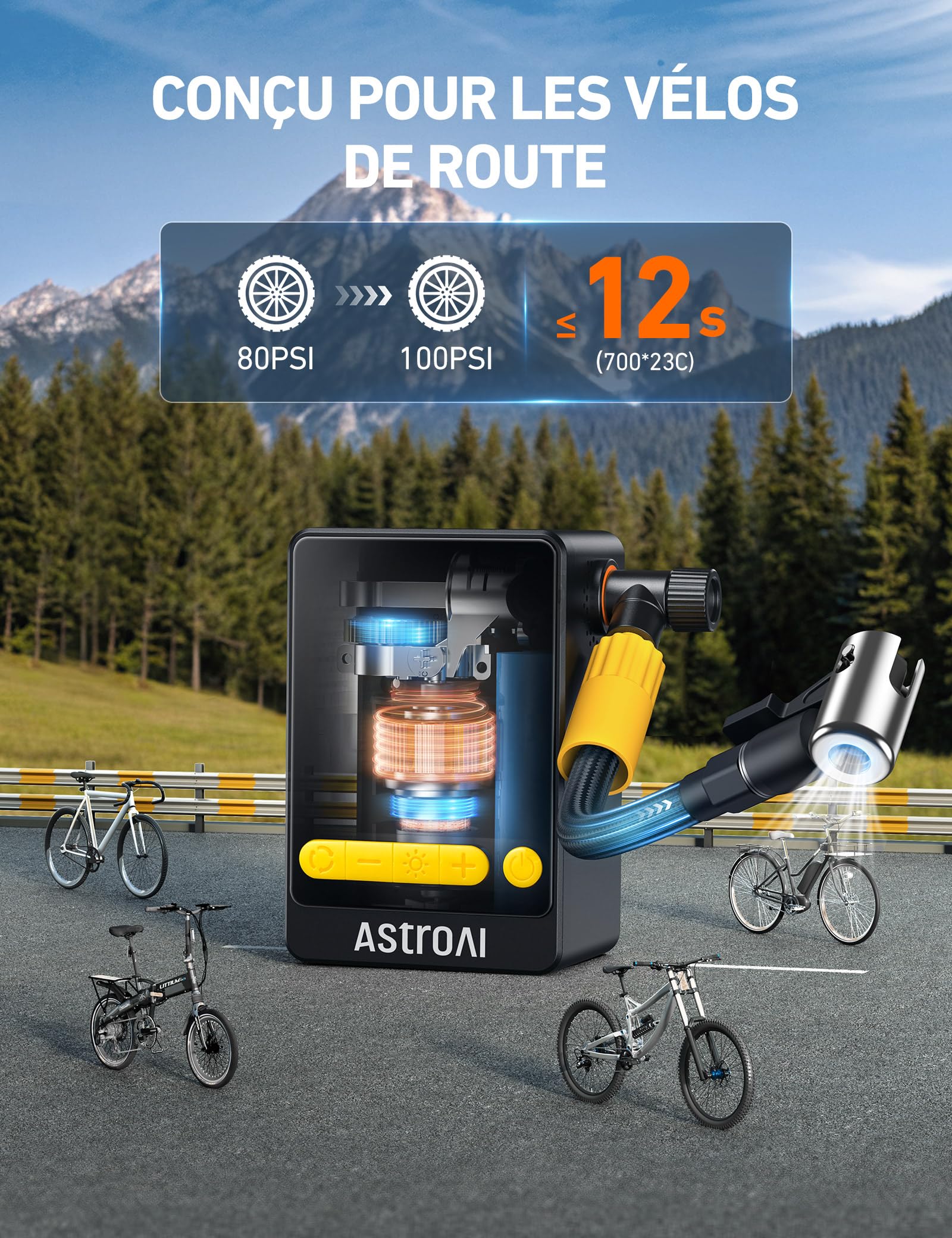 AstroAI Gonfleur Pneus Voiture sans Fil, Compresseur à Air Portatif, Mini Pompe Électrique 150PSI(10.3Bar) Gonflage 2X Plus Rapide, Compacte & Faciles Ranger Arrêt Automatique pour Voiture, Vélo, Moto