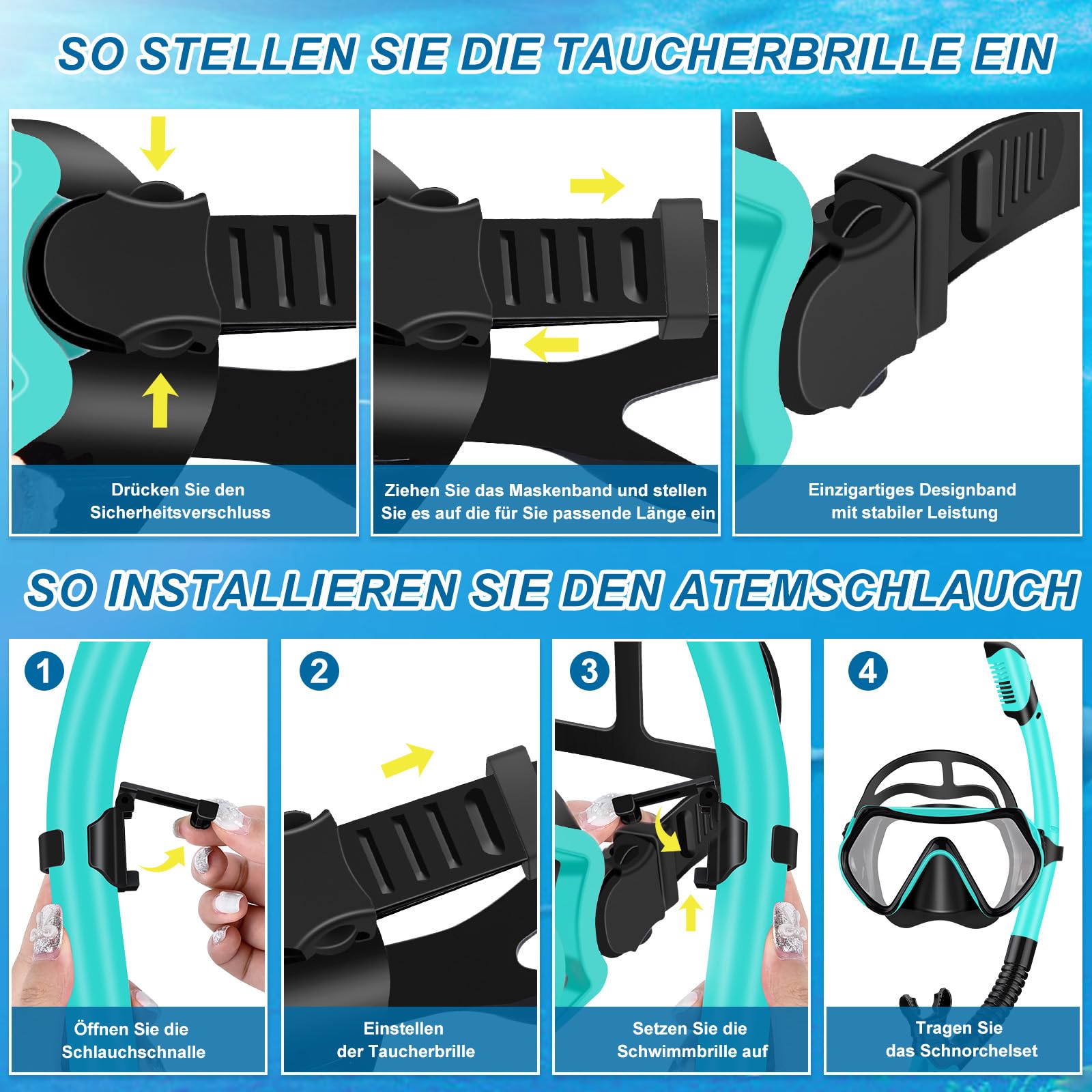 IEEILULU Schnorchelset Erwachsene mit Flossen, Schnorchelmaske Set mit Antibeschlag Taucherbrille,180° Panorama Glaslinse, Verstellbaren Flossen & Tragetasche für Schnorcheln Tauchen