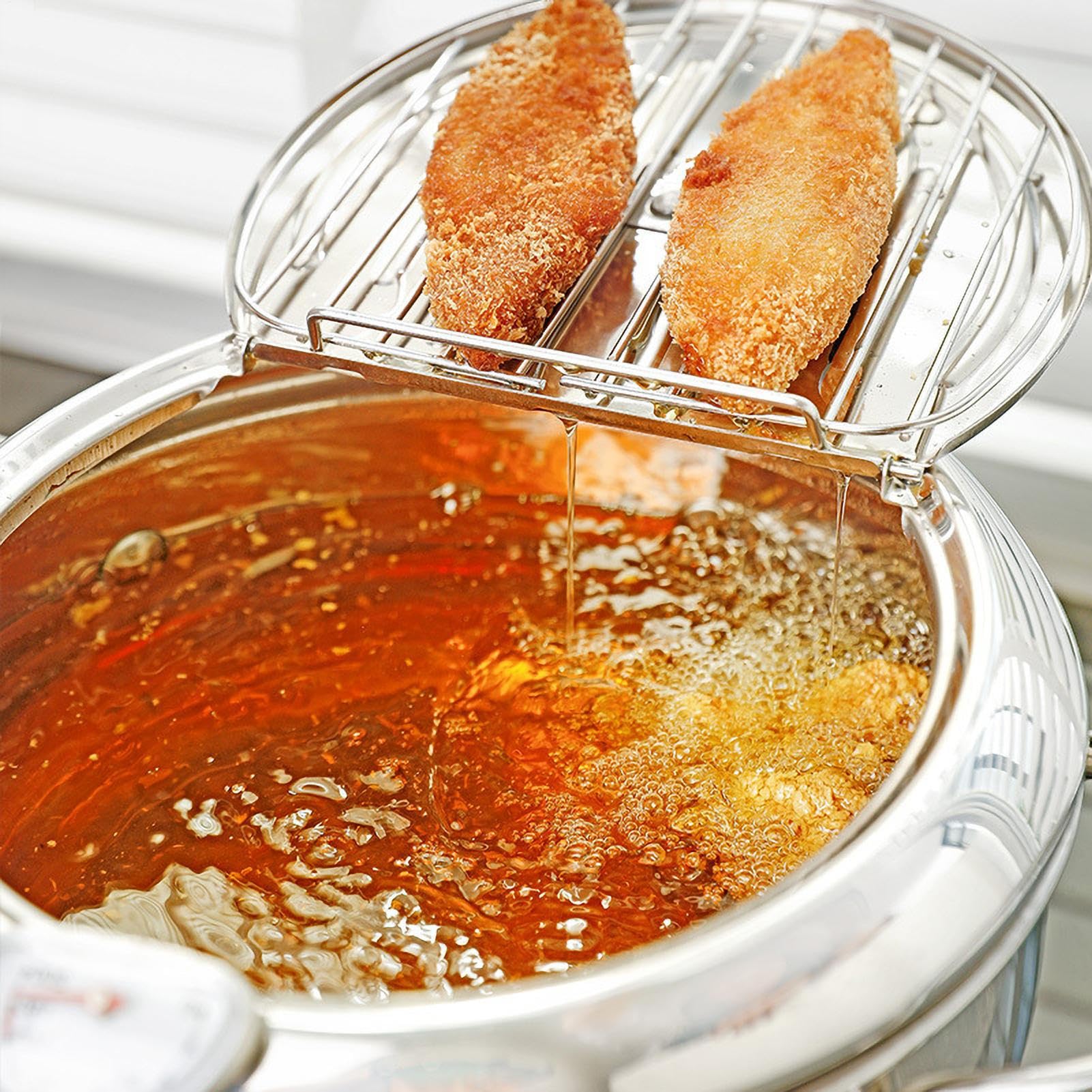 Pentola per friggitrice in acciaio inossidabile, Pentola per friggitrice | con termometri, Friggitrice Tempura in acciaio inossidabile 304 in stile giapponese, facile da pulire e da usare, perfetta pe