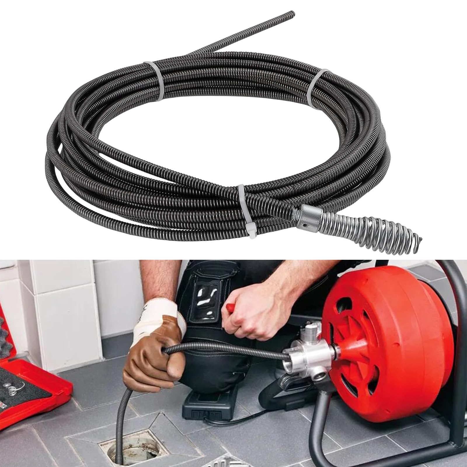 Cable de limpieza de alcantarillado de acero de 25 pies de largo de 5/16 pulgadas para máquinas de mantenimiento de desagües comunes, desatascador de desagües para lavabos