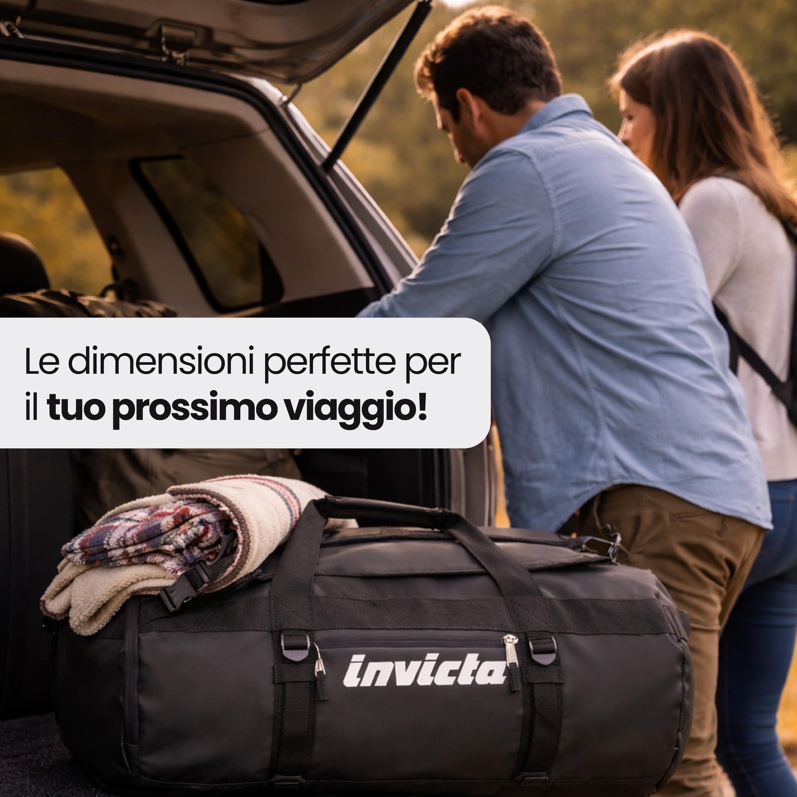 Invicta Zaino da Viaggio 70L – 62x35x35 cm, Nero, Borsone con Spallacci Amovibili, Fondo Rinforzato, Tasche Organizzate, Tasca Frontale e Laterale, Bagaglio Aereo Stiva, Uomo Donna