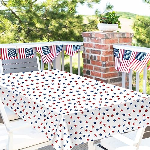 Miniatura 6 de Whaline Paquete de 3 manteles de plástico patrióticos rectangulares desechables con estrellas para el Día de la Independencia, Día de los Caídos,