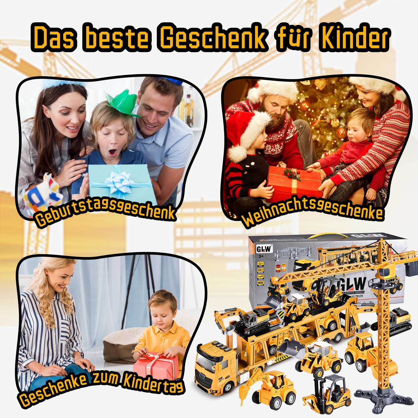 Herefun Baufahrzeug LKW Spielzeug Set, Baustellenfahrzeuge Kinder Set, Groß Kräne, Baufahrzeuge Kinder, Autotransporter Spielzeug Junge, Spielzeugautos ab 3 Jahre, Geschenke für Junge ab 3 Jahren